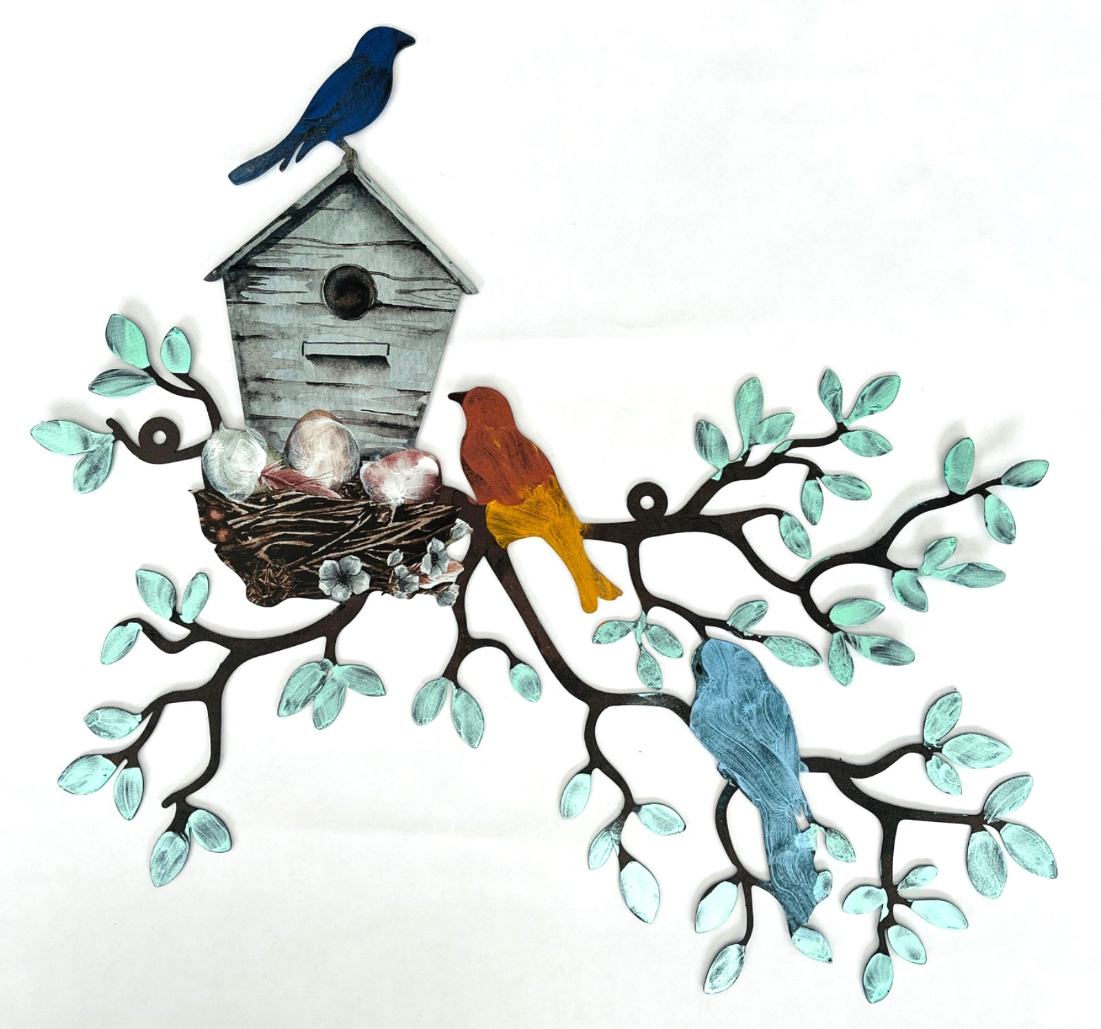 Tree Branch w/ 3 Birds & Bird House Metal Wall Art Hand Painted Metallic Paints