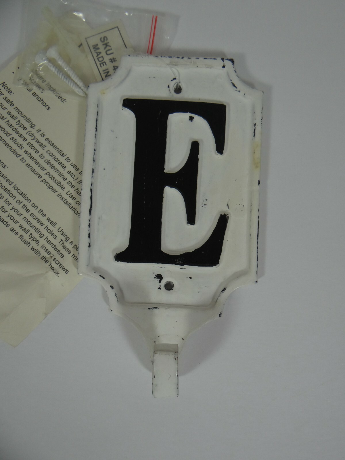 Pottery Barn Alphabet Letter E Hook Shabby Cream/White Black E New Made India