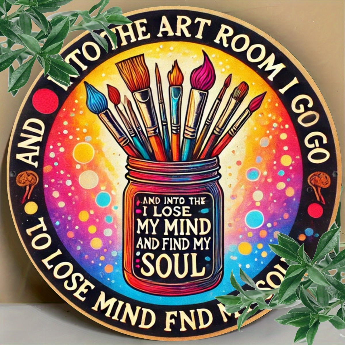 Art Studio Themed Round Tin Metal Signs, 8×8 inches, Flat Printed Iron Wall Art,