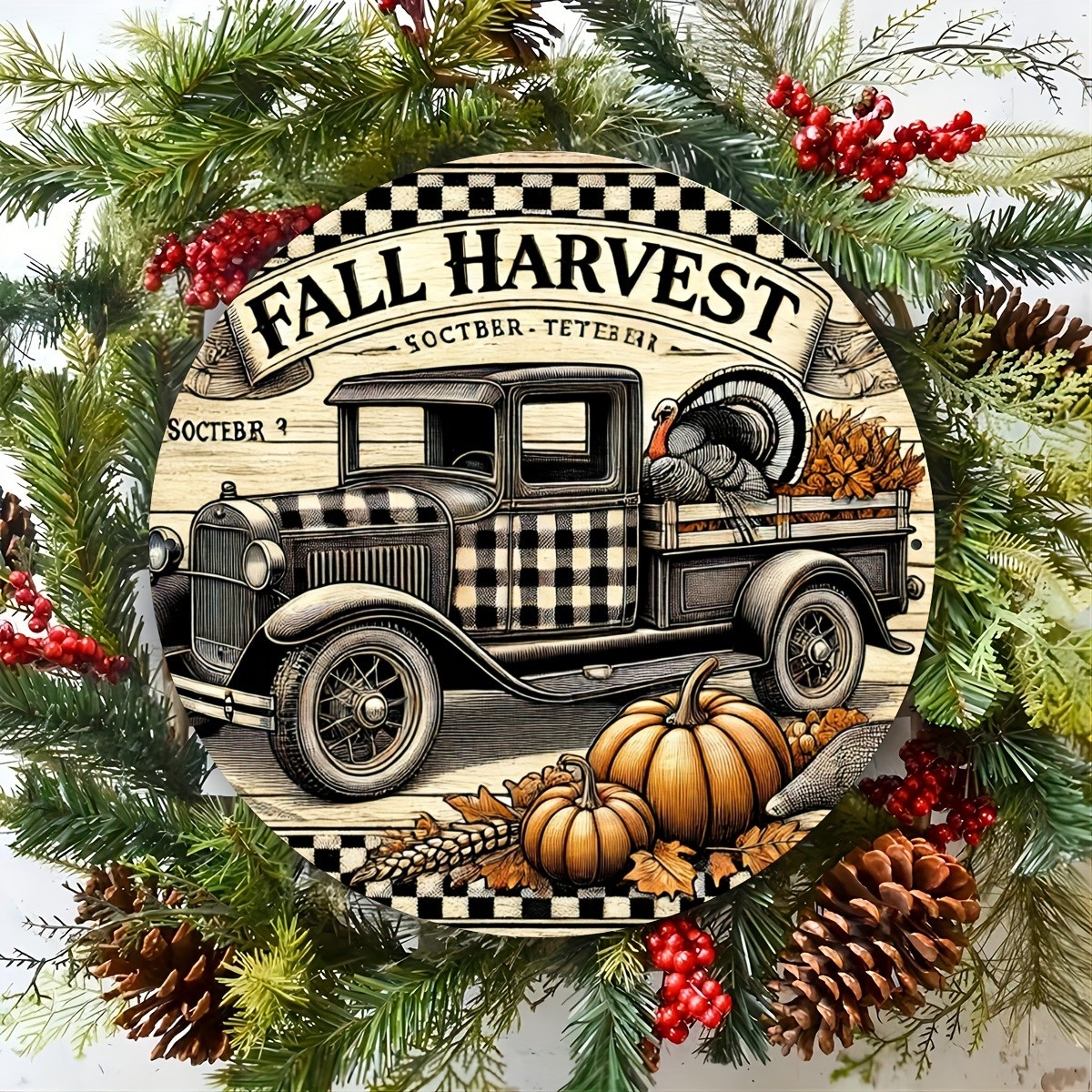 1pc Vintage Autumn Harvest Round Tin Metal Signs, 8×8 inches, Rustic Iron Wall A