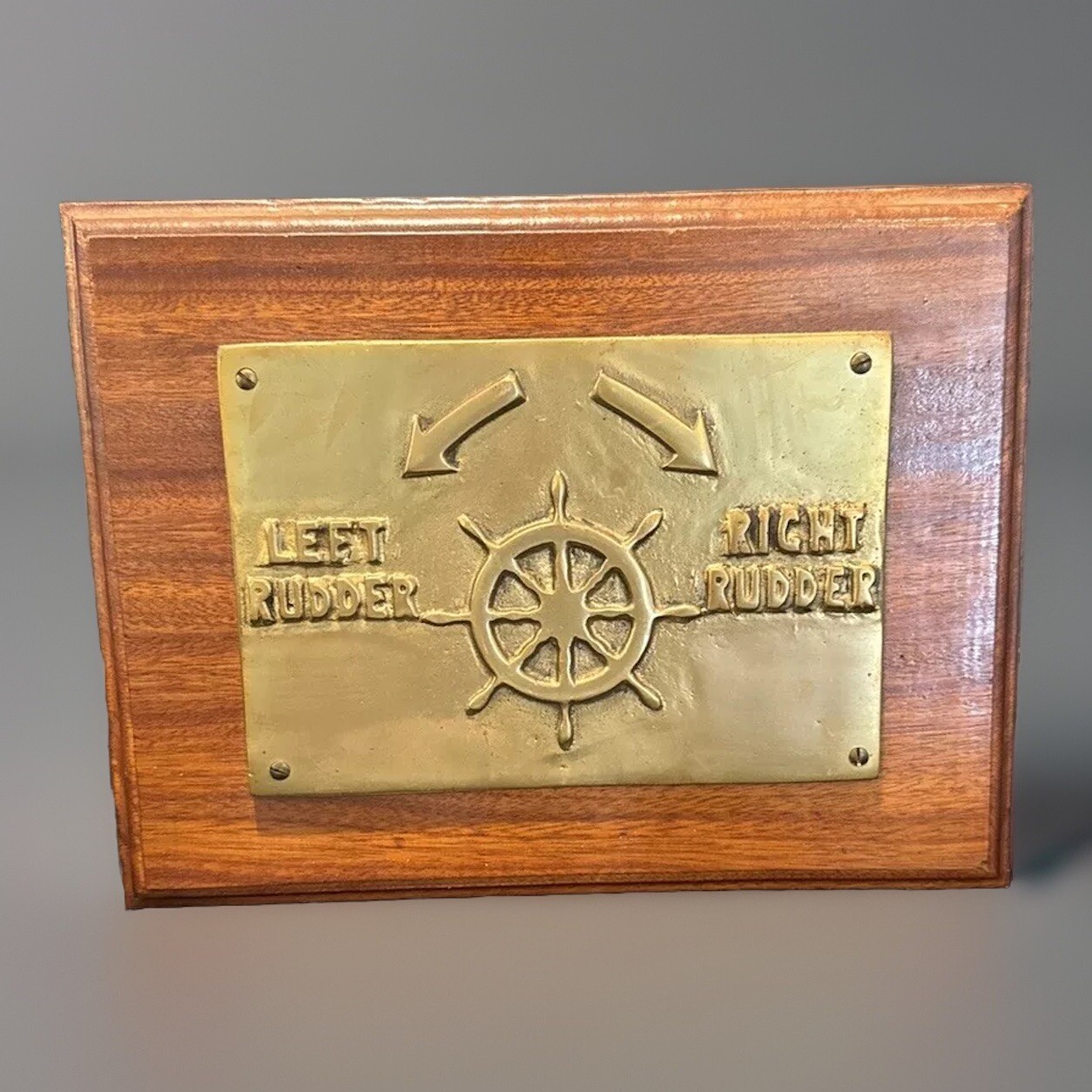 Solid Brass Nautical Plaque Left Right Rudder Mounted On Wood Wall Hanging VTG