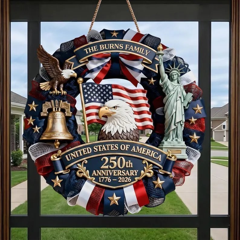 Personalized America 250th Anniversary Wood Wreath, Patriotic Door Decor