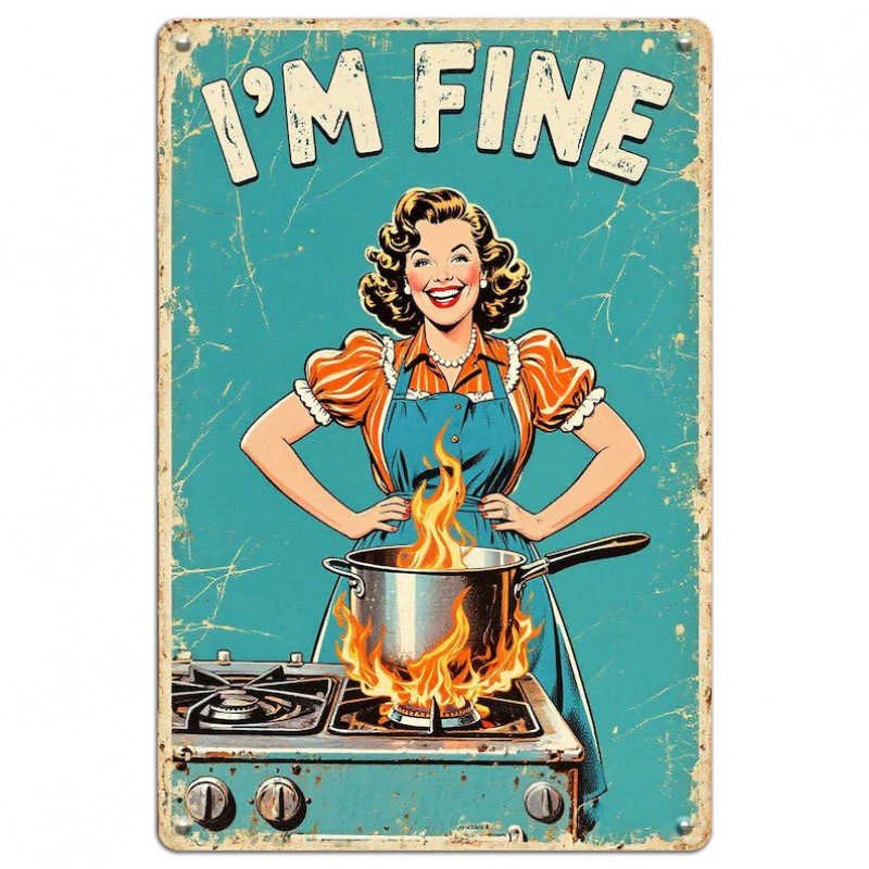 Vintage Kitchen Sign Funny Im Fine Retro Woman Cooking Aluminum 8×12