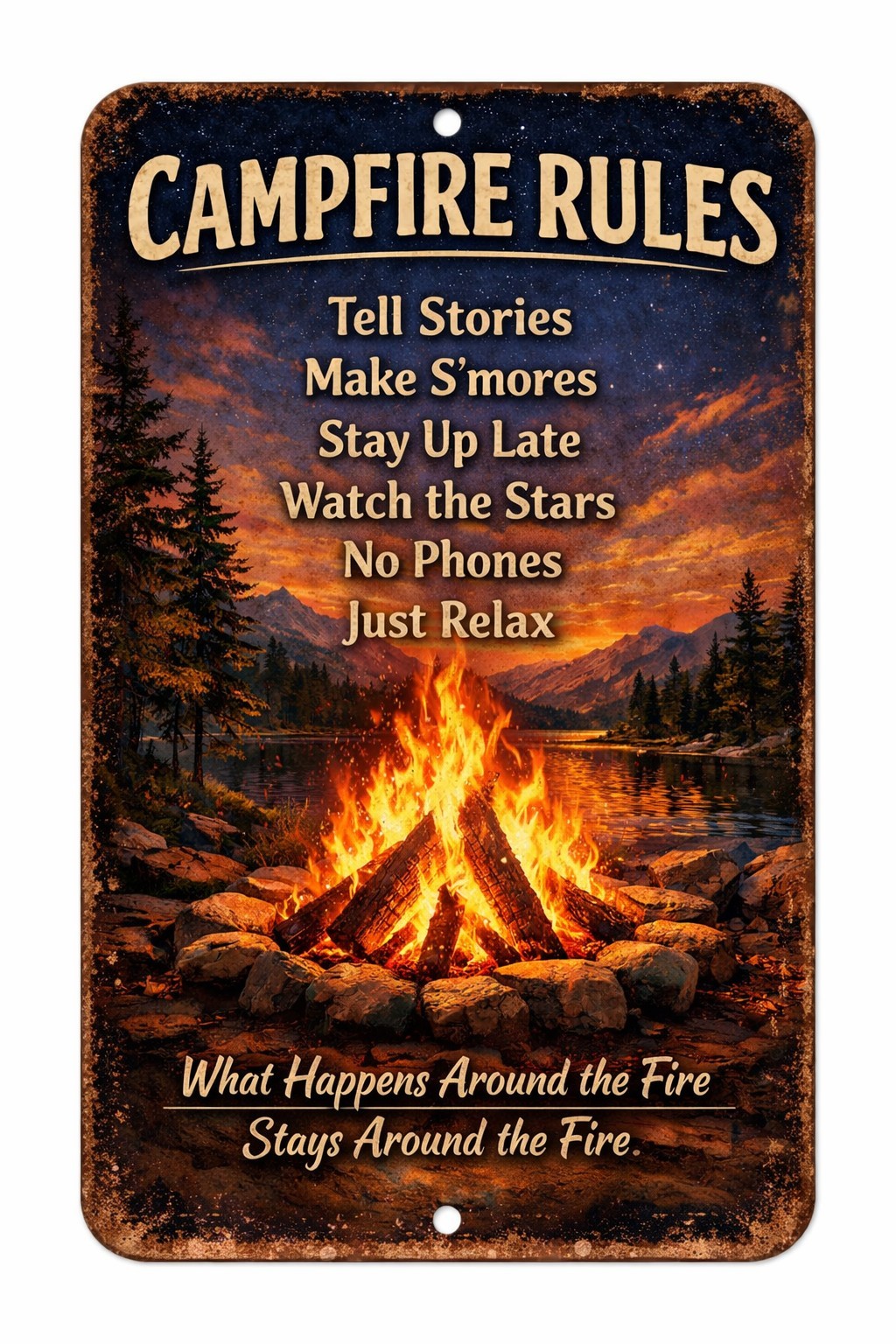 Campfire Rules 8×12 Metal Tin Sign Rustic Cabin Lake House Campfire Decor Lodge
