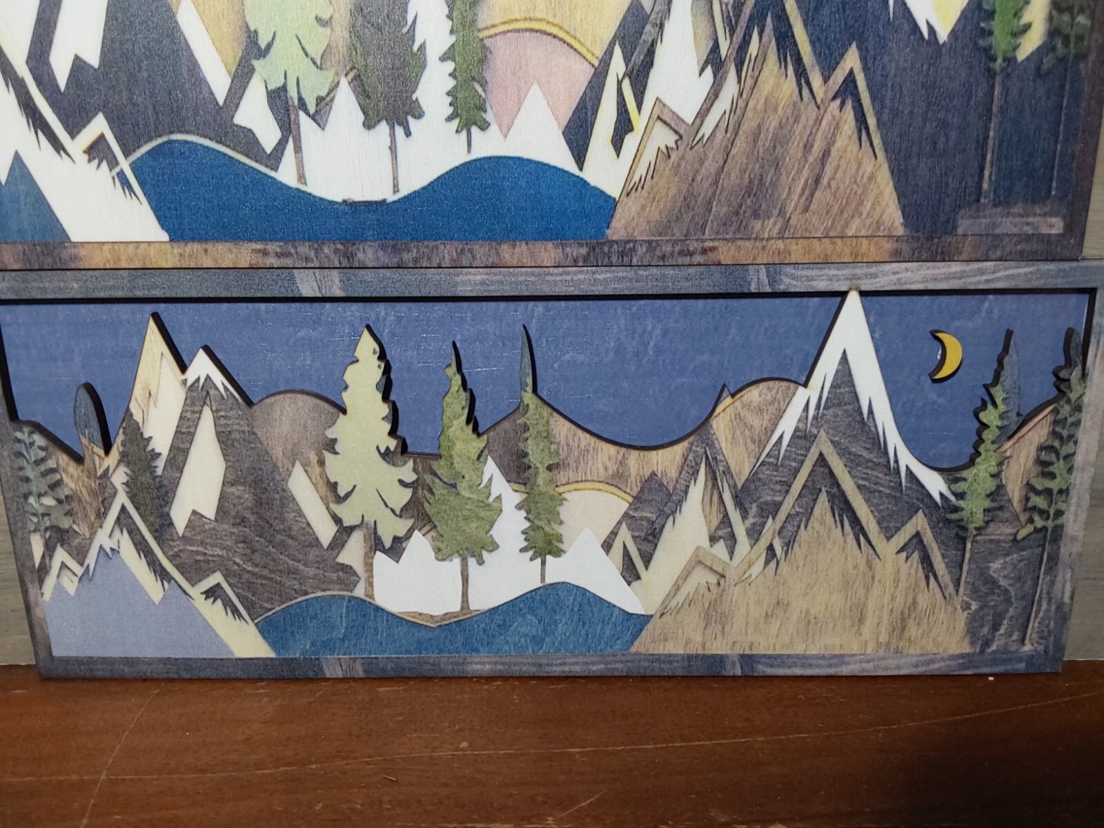 Rustic 3D Wooden Wall Art Multicolor Mountain Scenes Night Day 15.75×6.25 Cabin