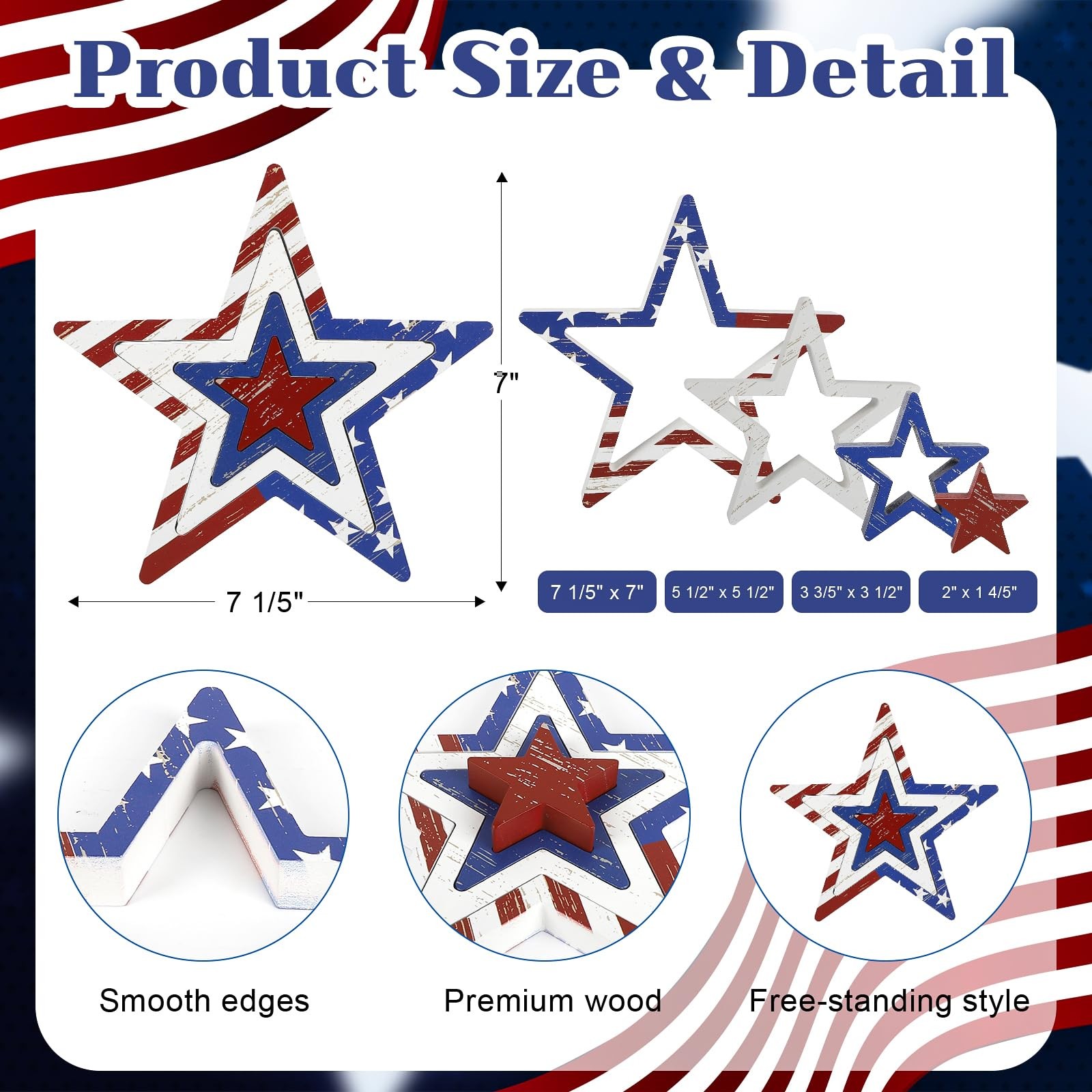 COCHIE 4th of July Decorations Stars Set of 4, Red White Blue Decor, Patrioti…