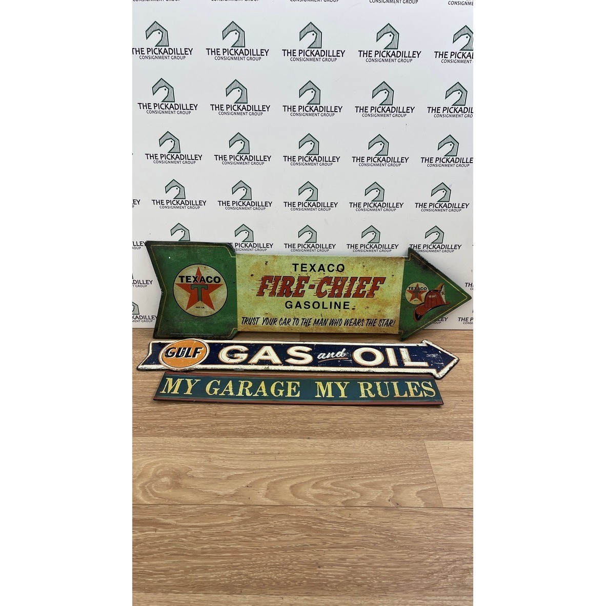 Texaco Gulf Gas Oil Metal Sign Set Garage My Rules 3pc Wall Decor