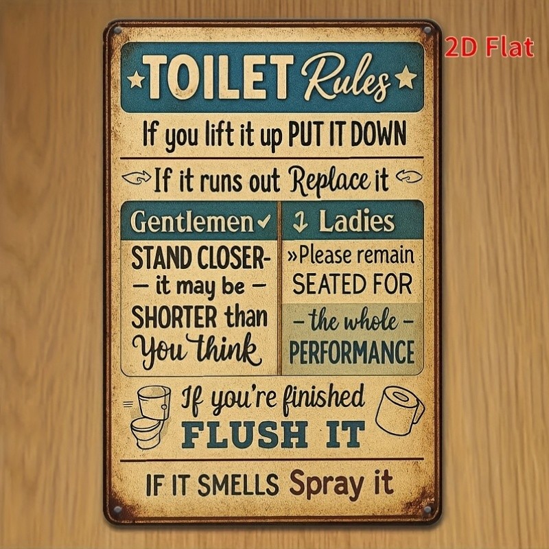 2D Metal Sign 8×12 inch Bathroom Rules Etiquette Wall Decor Iron
