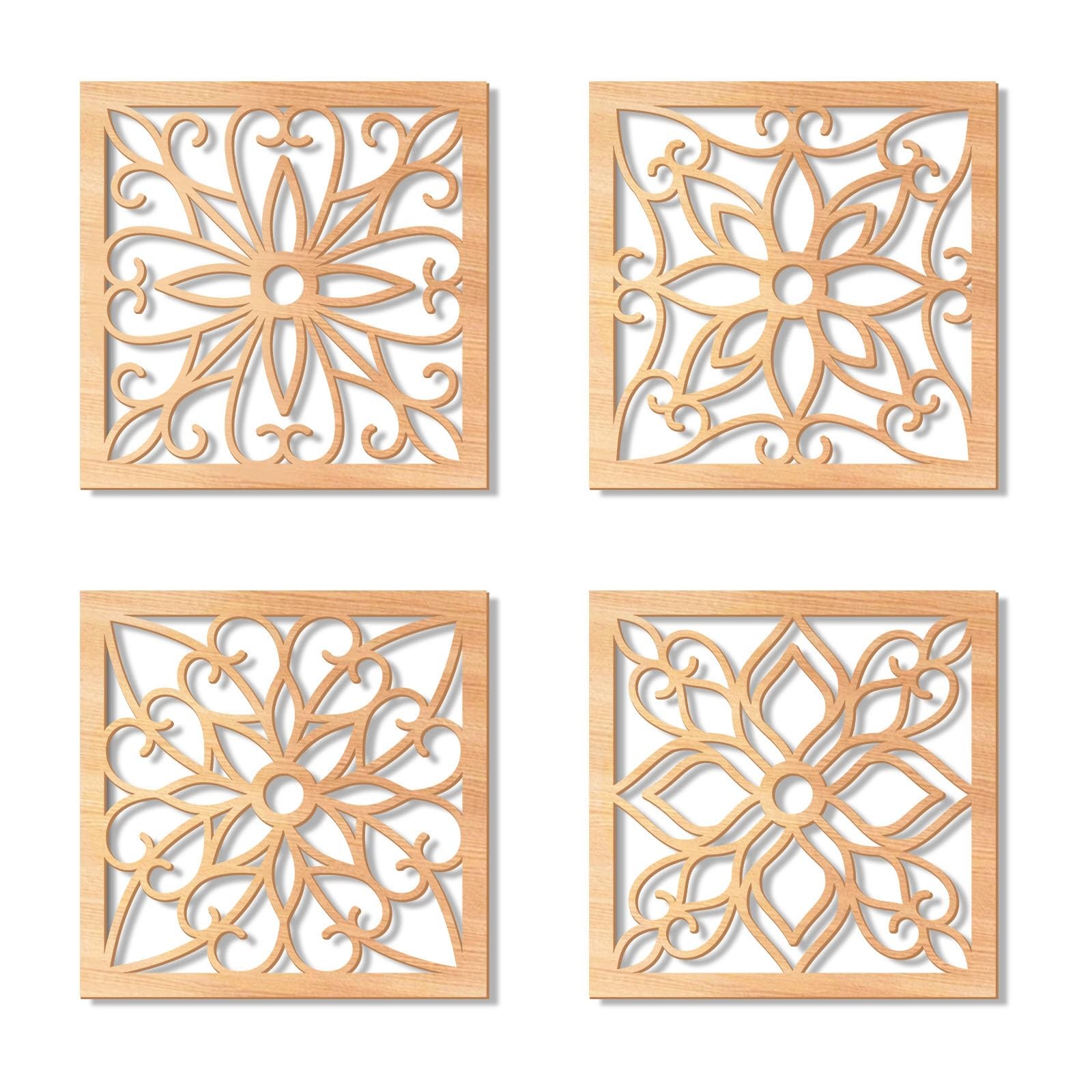 KOYILTD 4 Pieces Thicken Rustic Wall Decor,Flower Carved Wall Art,Wooden Holl…