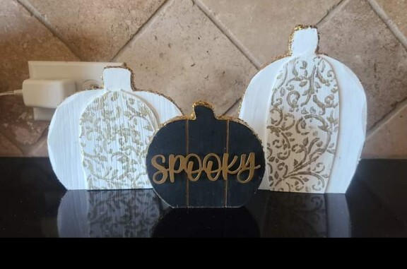 New! “SPOOKY” Glitter Pumpkin Sign FALL Decor Halloween Glam Ghost Black & Gold