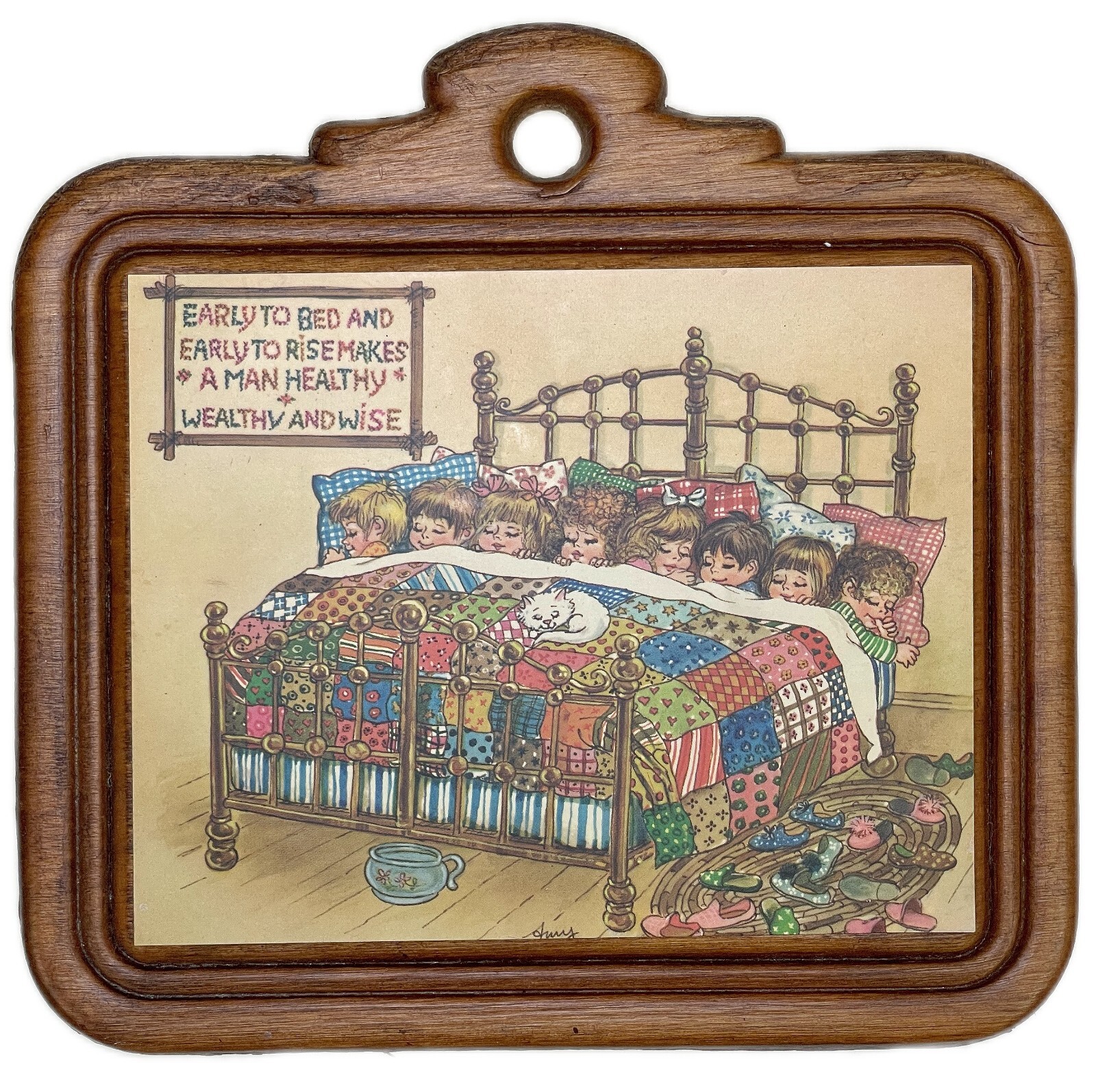 2 Children Plaques Signs Vintage 1980s Kids Bath Sleeping Patchwork 5.75″x 6.25″