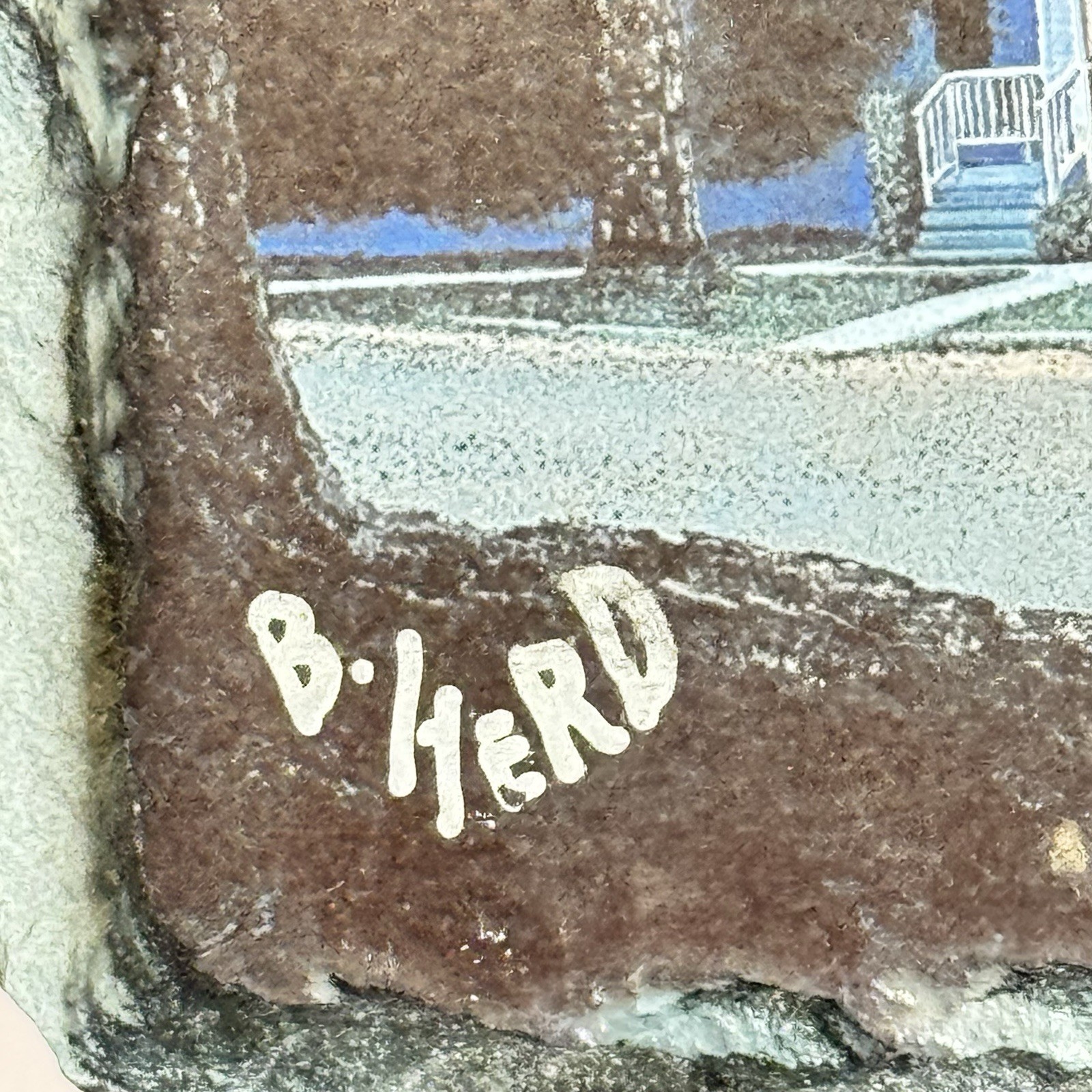 Signed B Herd Slate Art Plaque Church Night Scene Rustic Stone Decor Texas