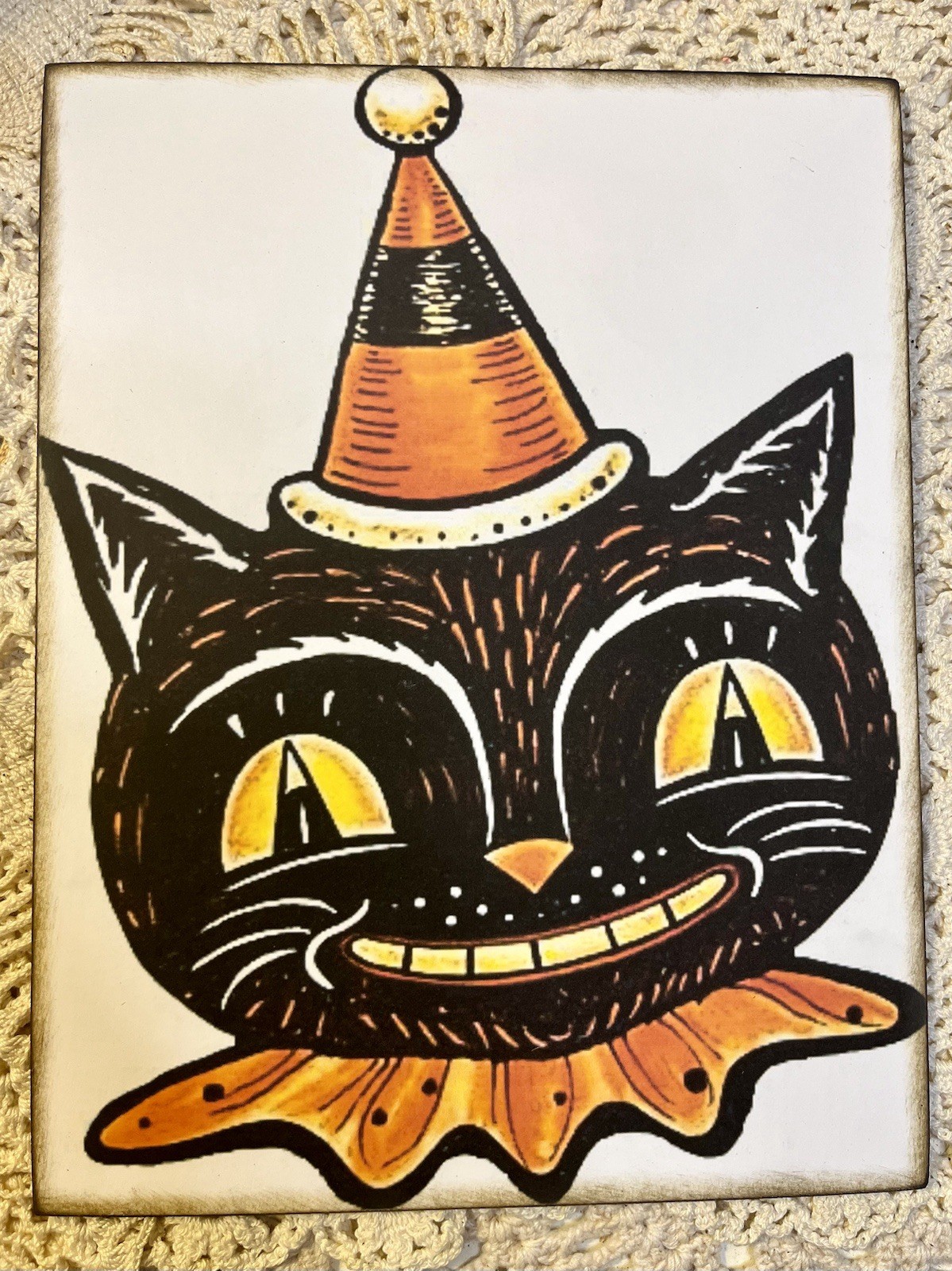 Retro Cat in Party Hat, Halloween, Handcrafted Plaque 1B