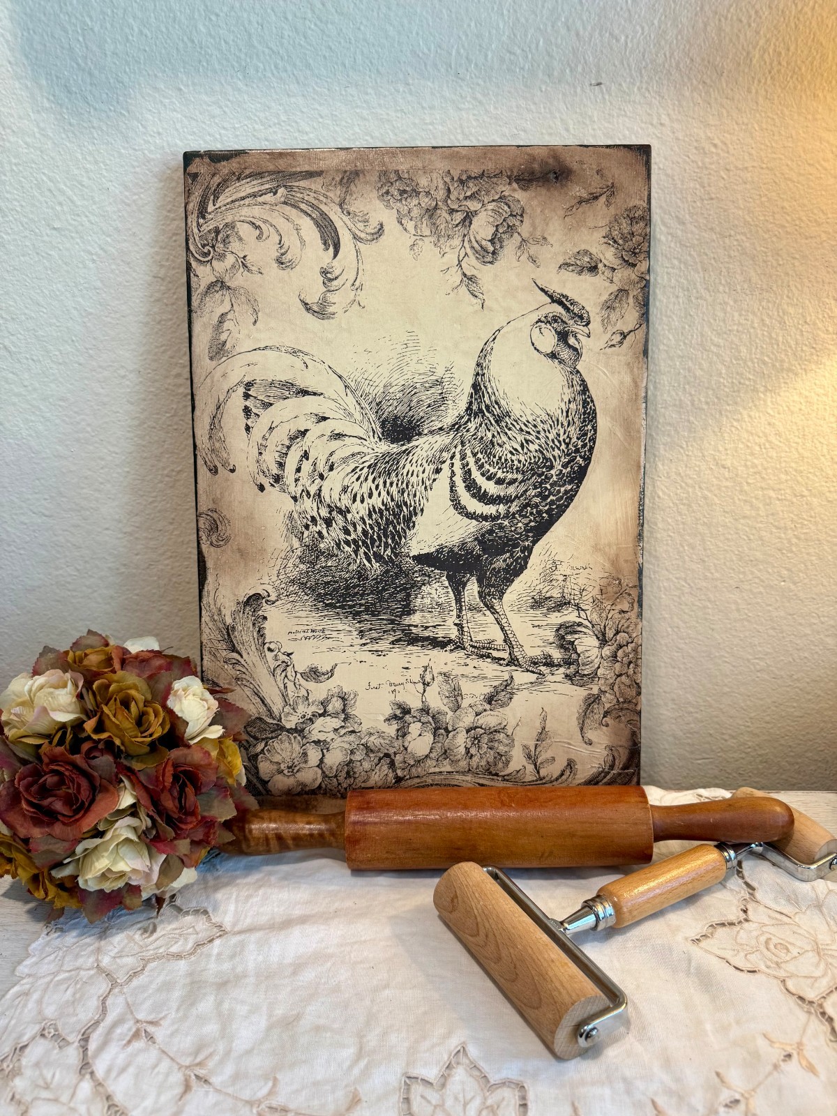 Handmade French Country Rustic Farmhouse Rooster on Wooden Board Wall Hanging