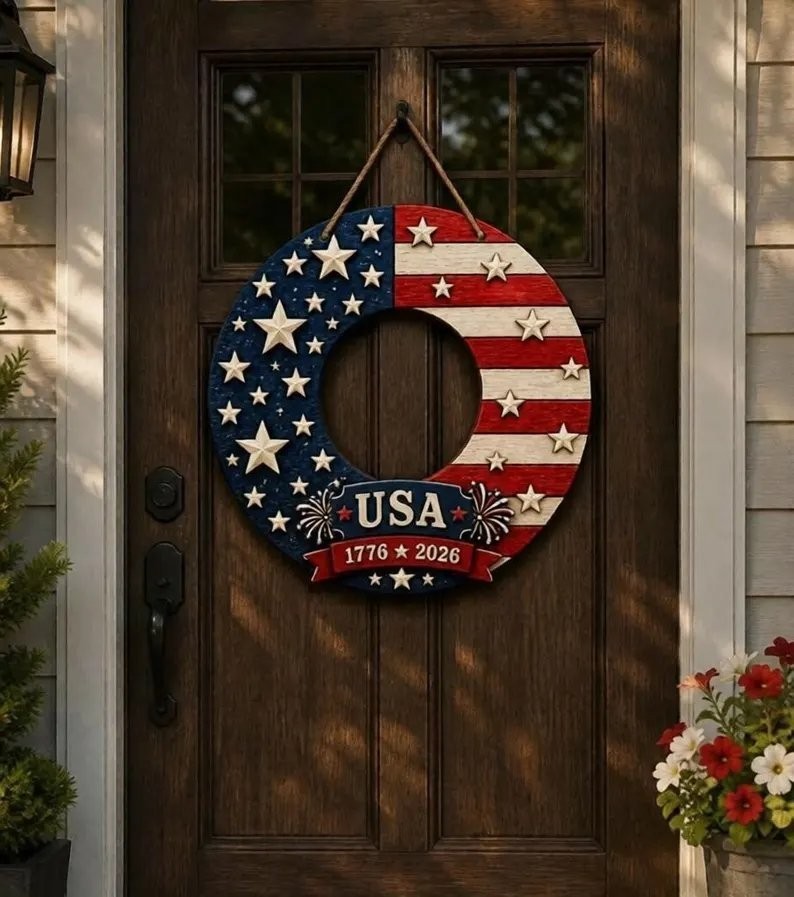 250th Anniversary Patriotic Door Wreath, USA Flag Wood Sign 1776-2026