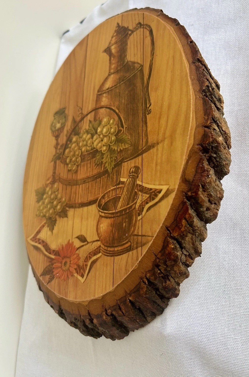 Vintage Rustic Wood Slice Wall Hanging Plaque Kitchen Scene 11”x8.5” Made In USA