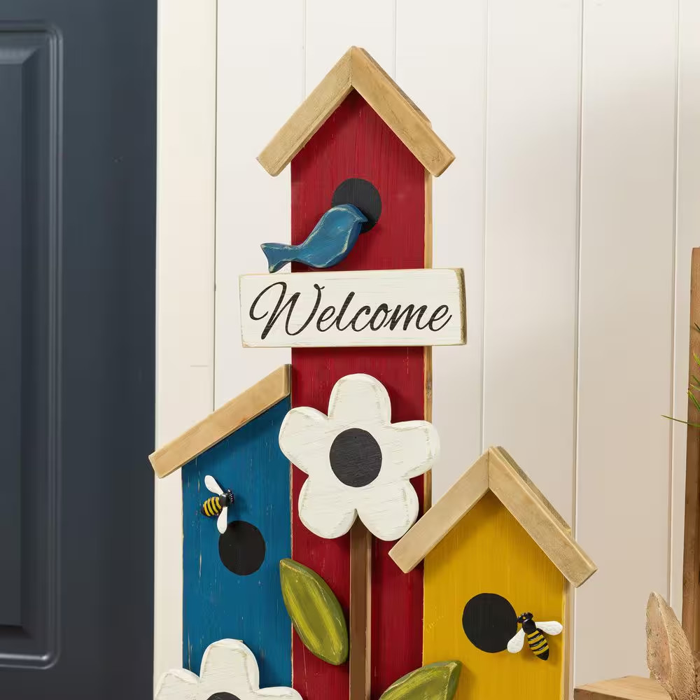 30 In. H Solid Wood Birdhouse Shaped Porch Decor Garden Stake