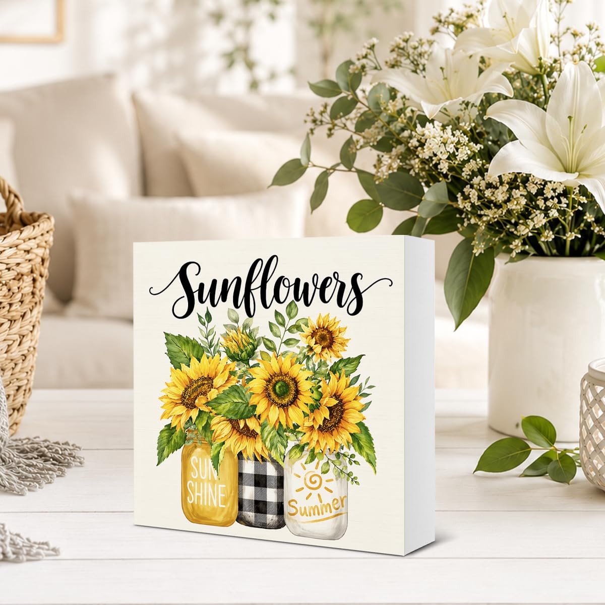 Summer Sunflower Decor Sunflowers Sunshine Wooden Box Block Sign for Home Liv…