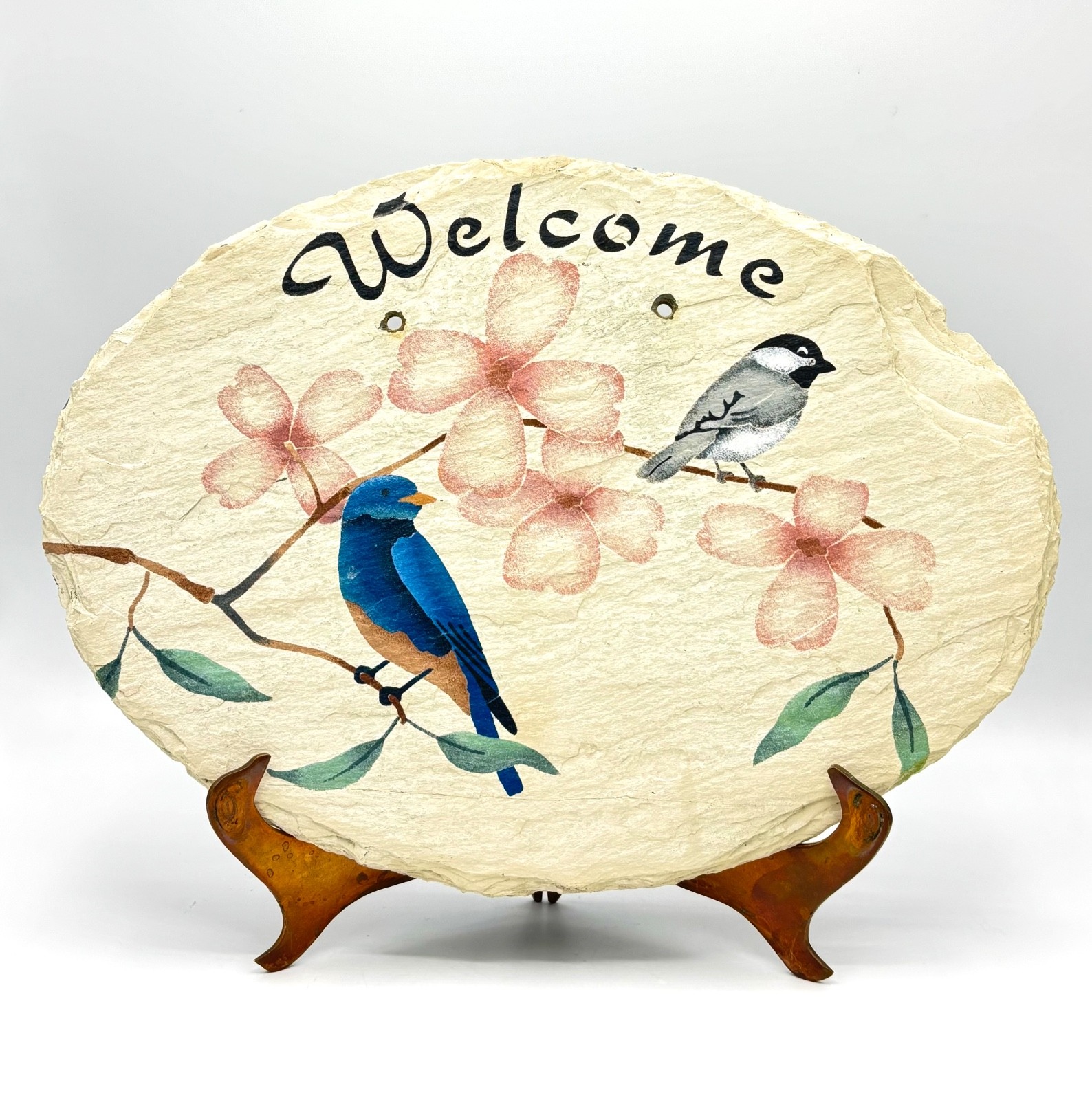 Birds & Flowers Welcome Plaque Hand Painted Slate Wall Decor Outdoor or Indoor