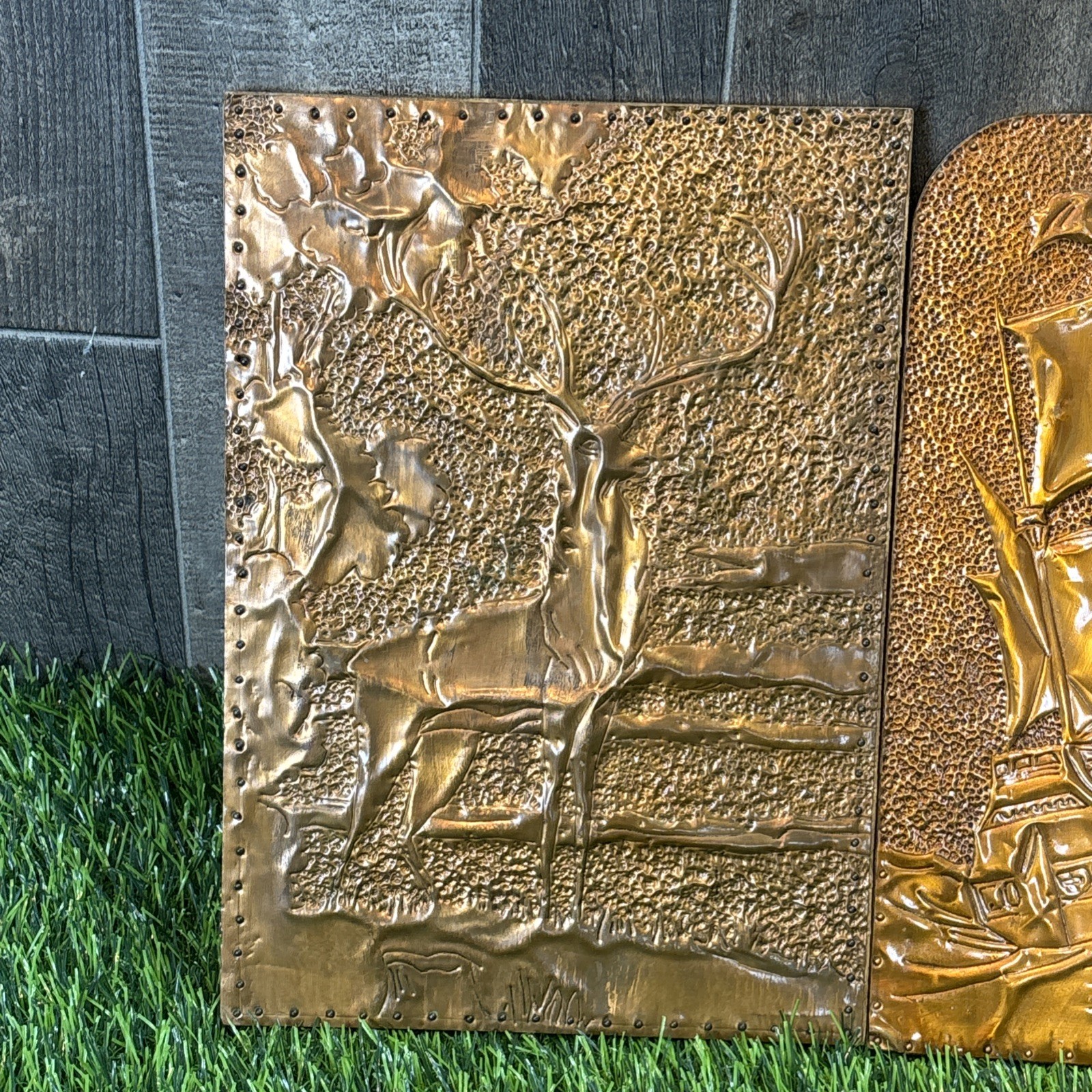 Vintage Embossed Metal Wall Art Panels on Wood Lot of 3