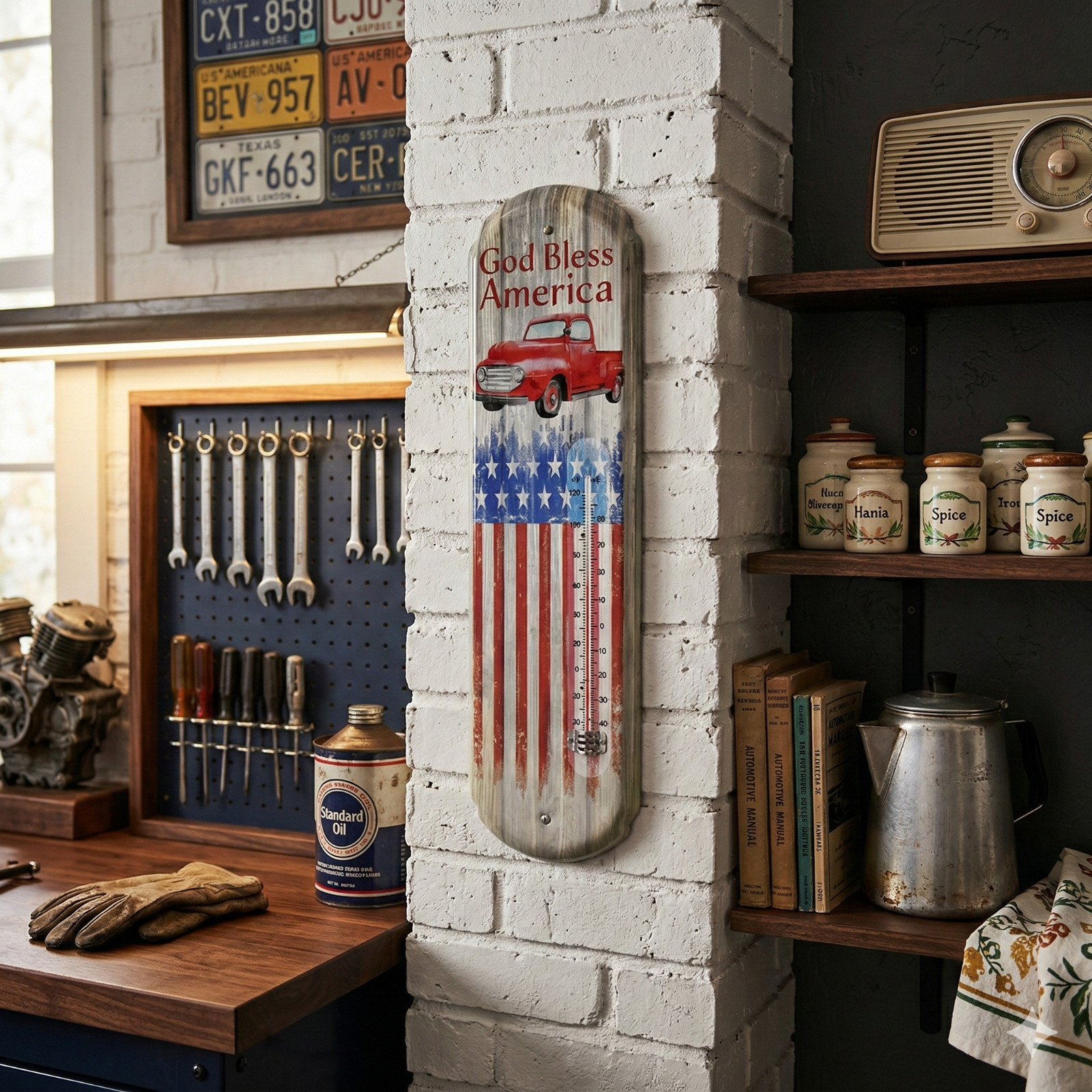God Bless America Metal Wall Thermometer Patriotic Vintage Truck Decor