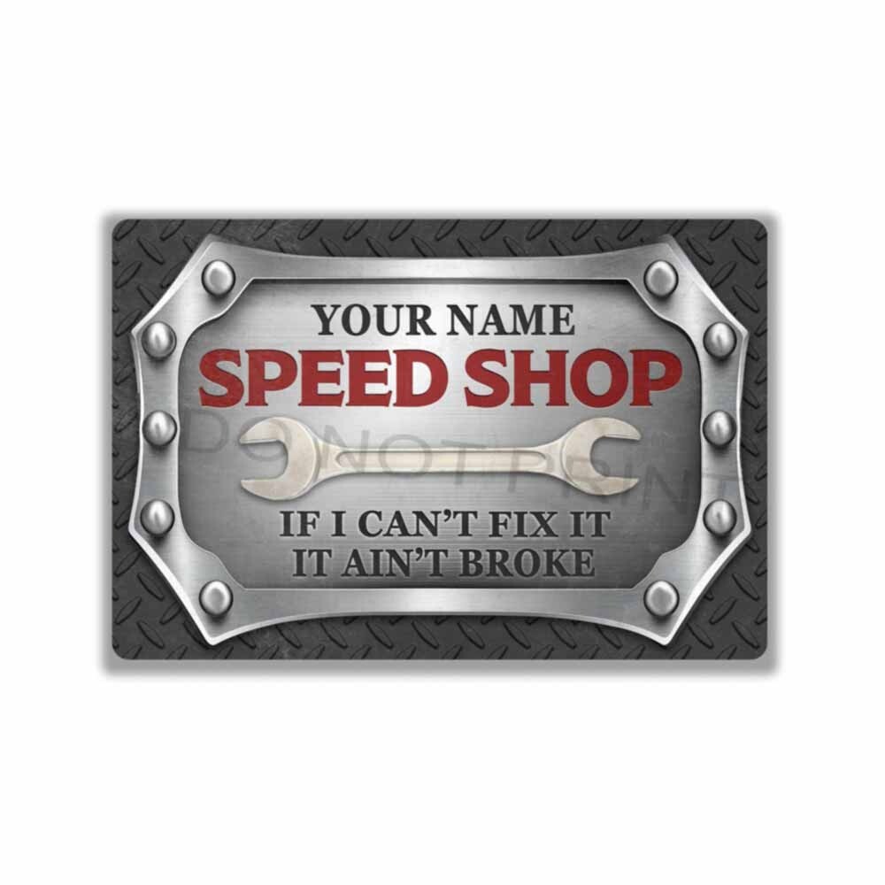 Personalized Gray Diamond Plate Speed Shop sign METAL SIGN or DECAL