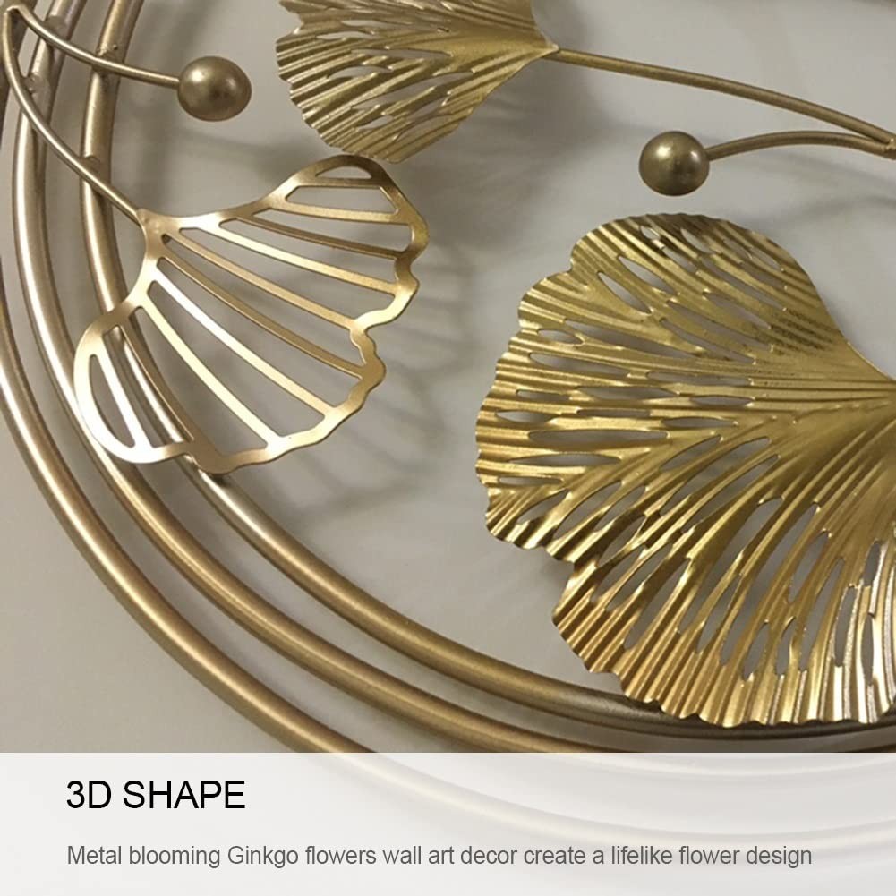 3D Room Wall Decor, Handmade Art Metal Round Golden Ginkgo Leaf Decorative Wa…