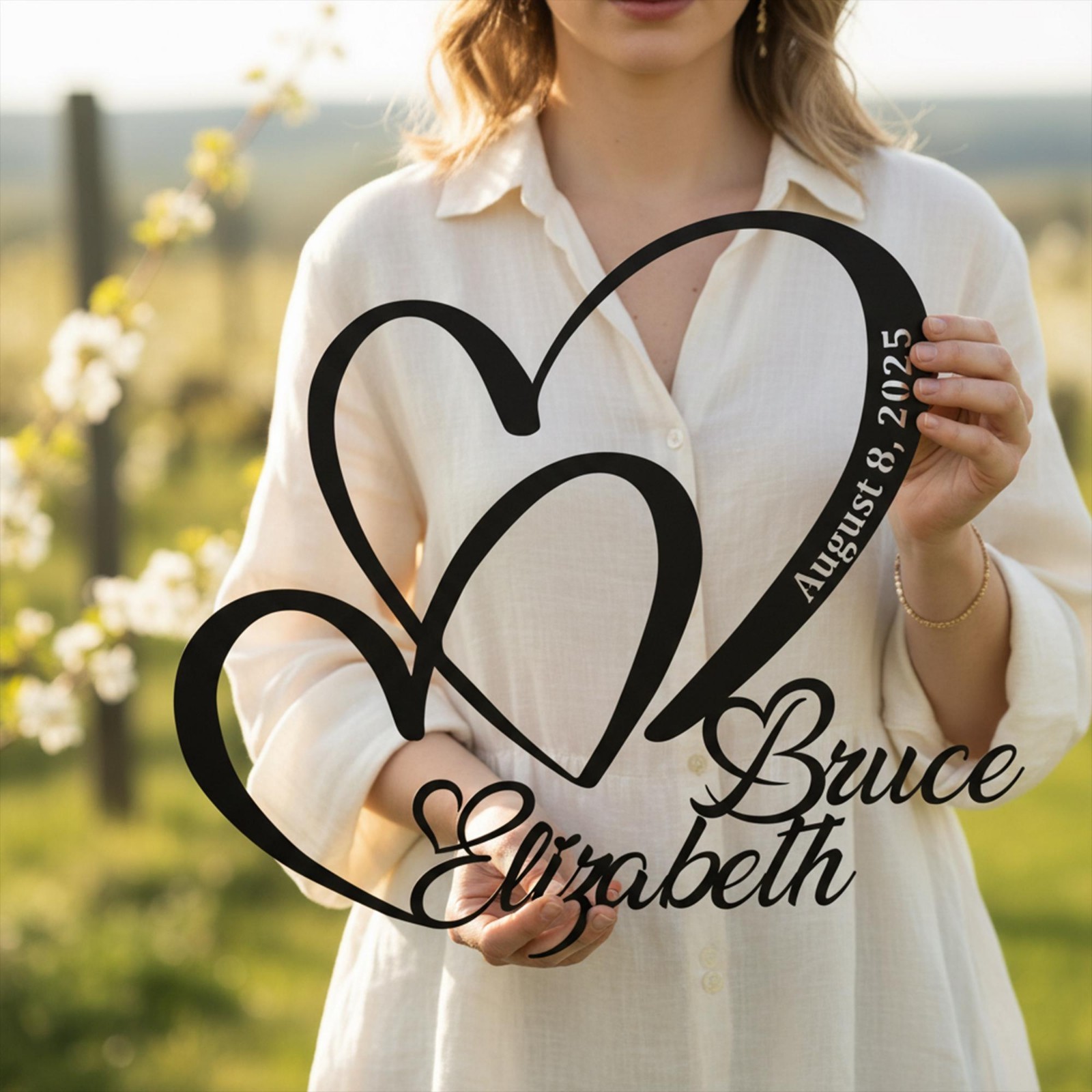 Personalized Double Heart Wall Sign, Custom Couple Name Decor