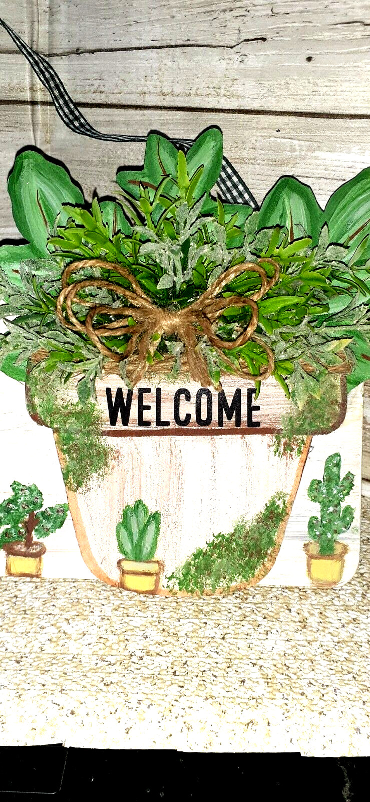 HANDCRAFTED WALL DECOR- 15-1/2 X 4-1/2 IN.- WELCOME- flower pot