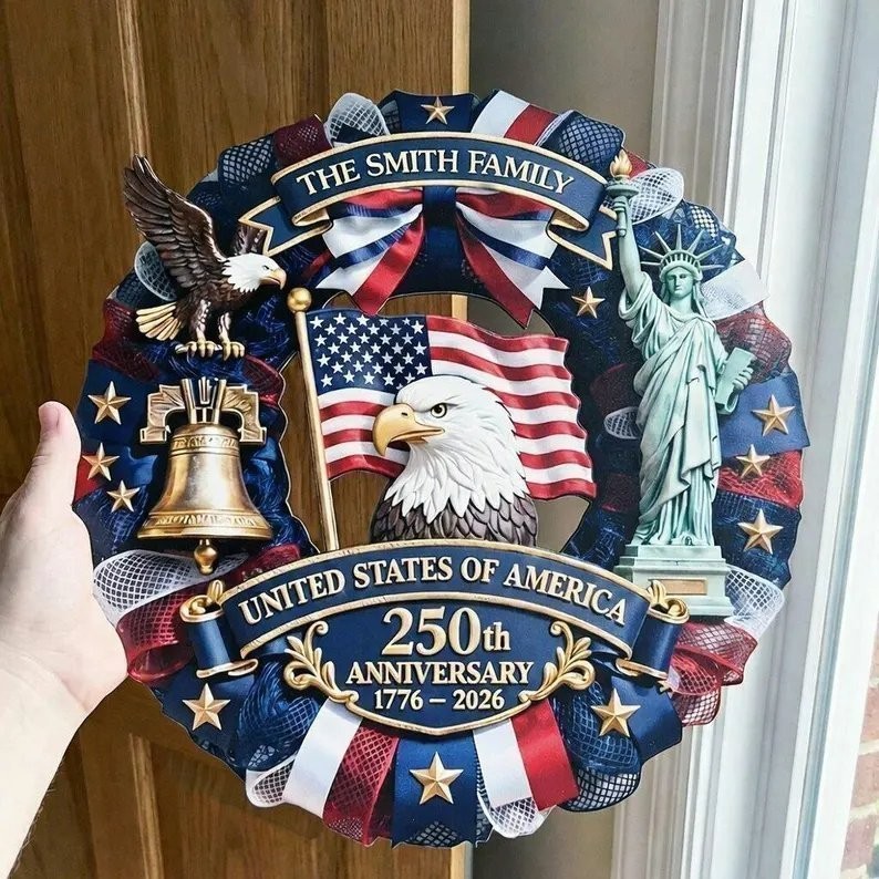 Personalized America 250th Anniversary Wood Wreath, Patriotic Door Decor