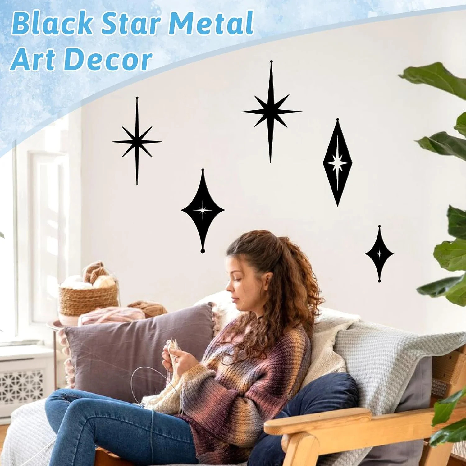 5 Pcs Iron Star Wall Decor Black Starburst Metal Wall Art Mid Century Modern Wal