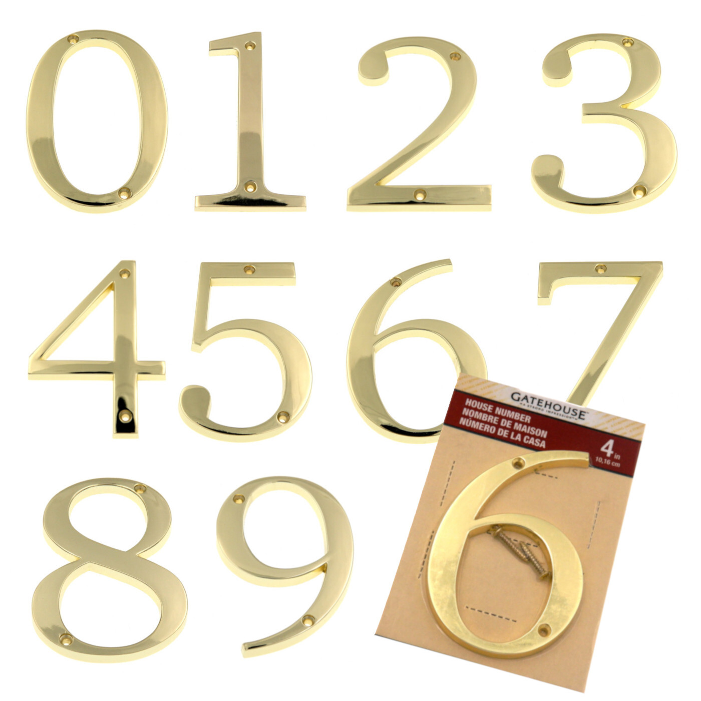 Gatehouse Polished Brass 4 Inch House Numbers, Flush Mount