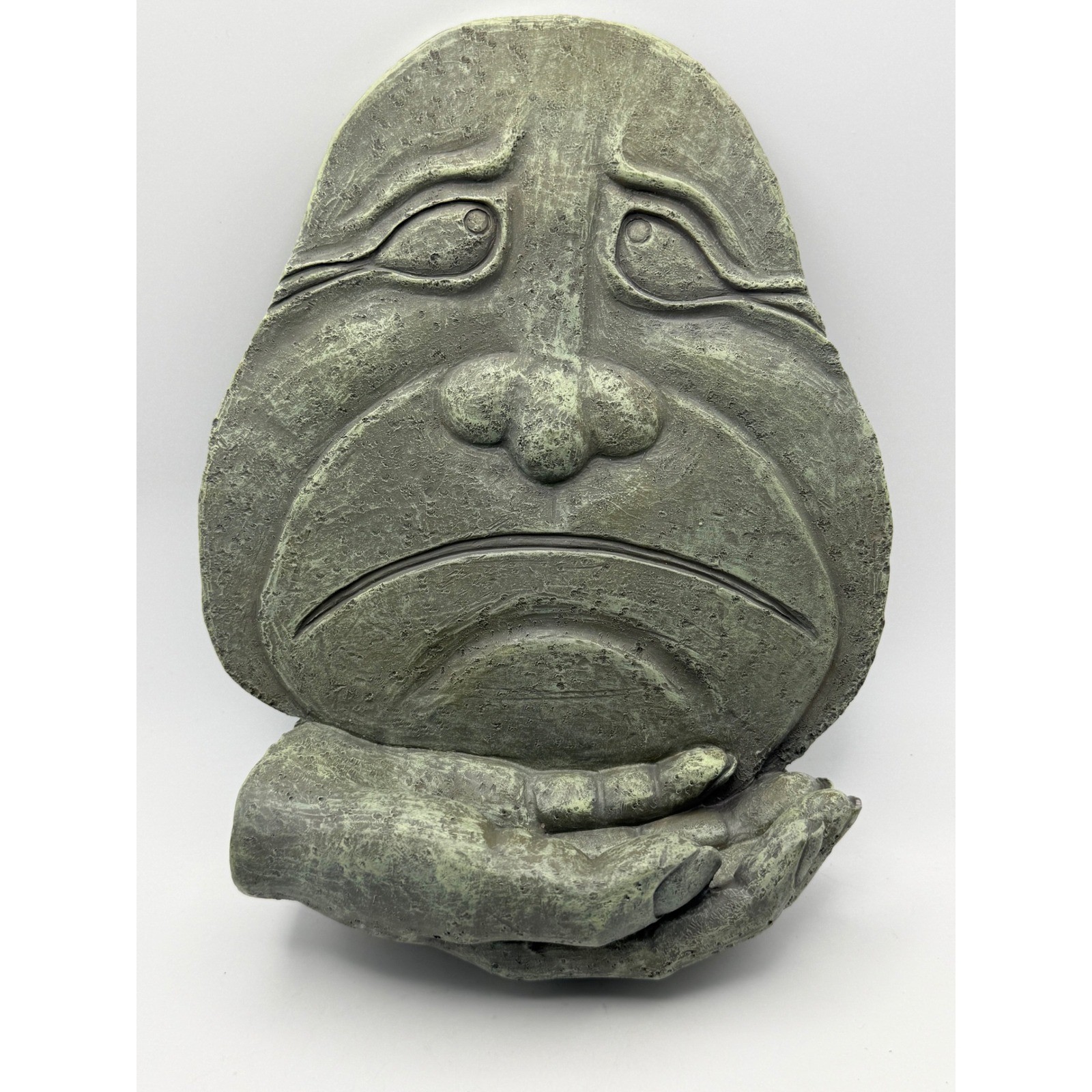 International Bazaar Sad Face Wall Plaque Stone Look Verdigris Resin Art