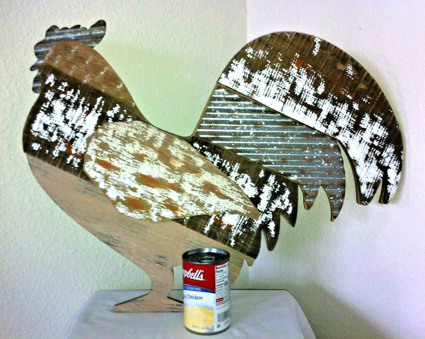 Rustic Farmhouse WALL ART CHICKEN /’WEATHERED’ WOOD/GALVANIZED METAL /Lg 22″x17″