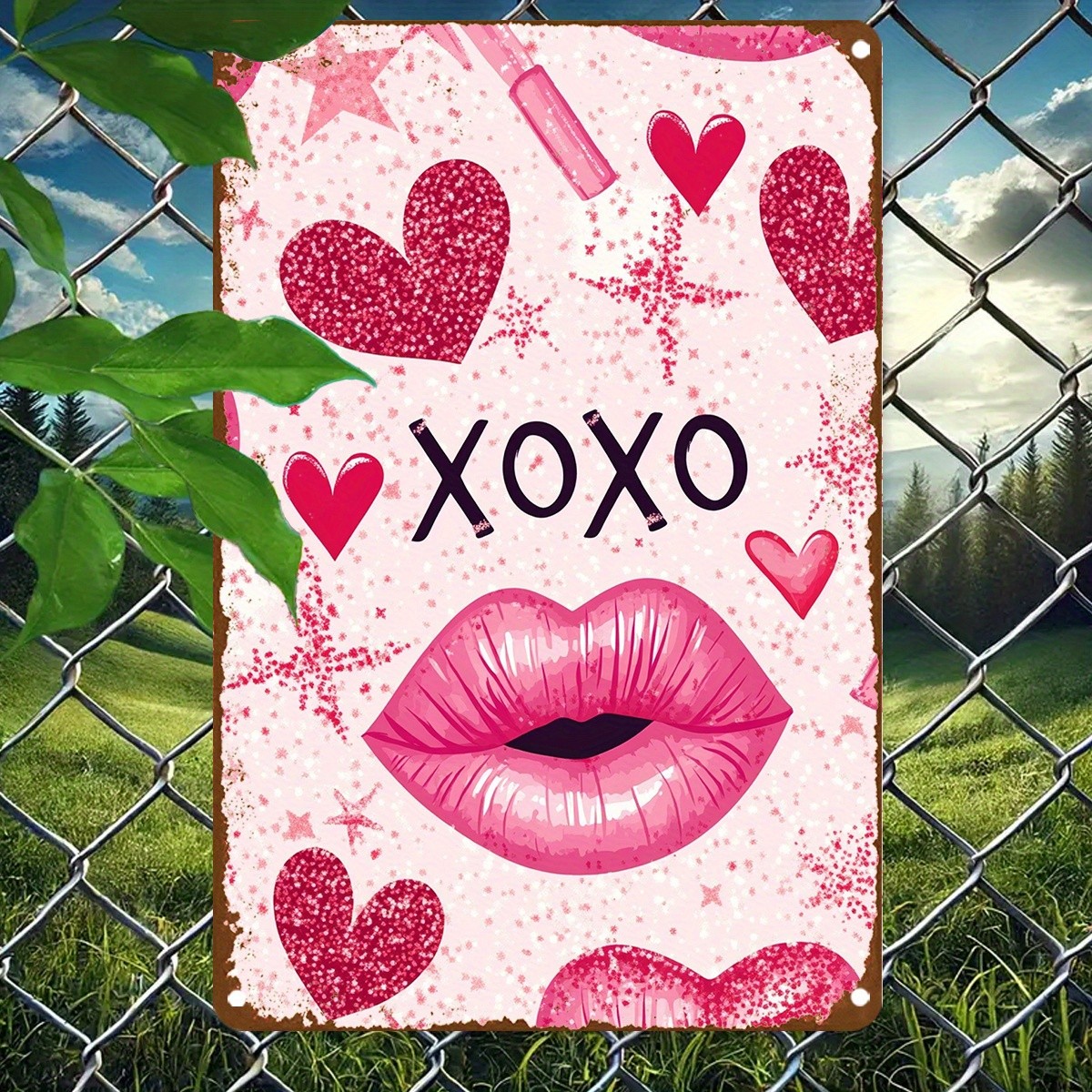 XOXO Pink Glitter Hearts Lip Valentine Themed Decorative Metal Sign Wall Art