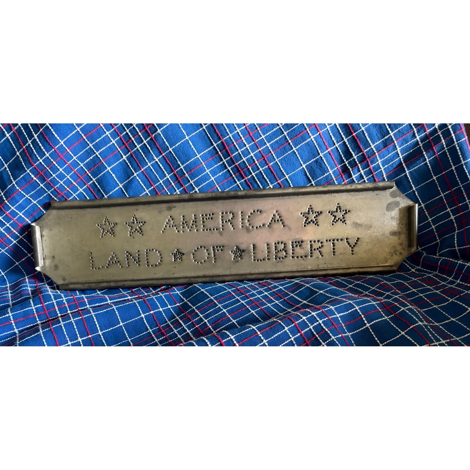 Vintage Punched Tin Americana Sign America Land of Liberty Patriotic Wall Art