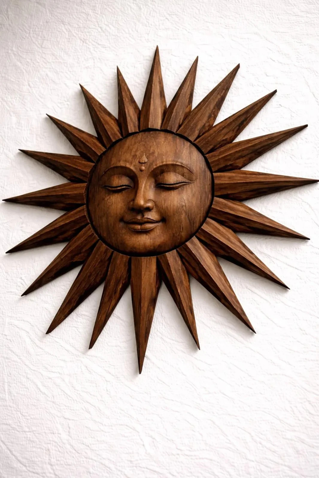 Rustic Wooden Sunburst Sculpture Hand Carved Teak Sun Face Wall Art Spiritual