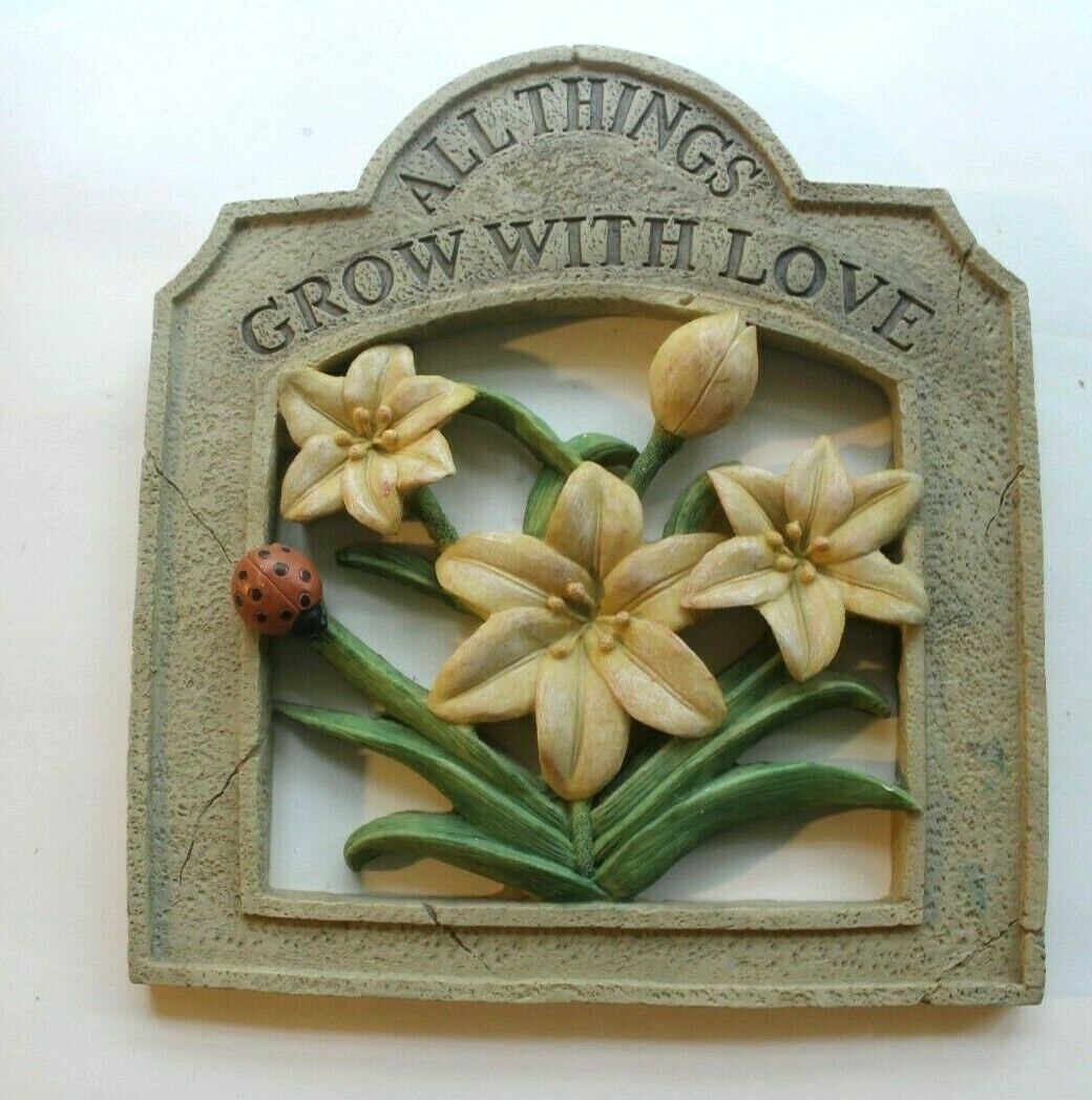 Distressed Resin Sign-” All Things Grow With Love” with Flowers and Ladybug