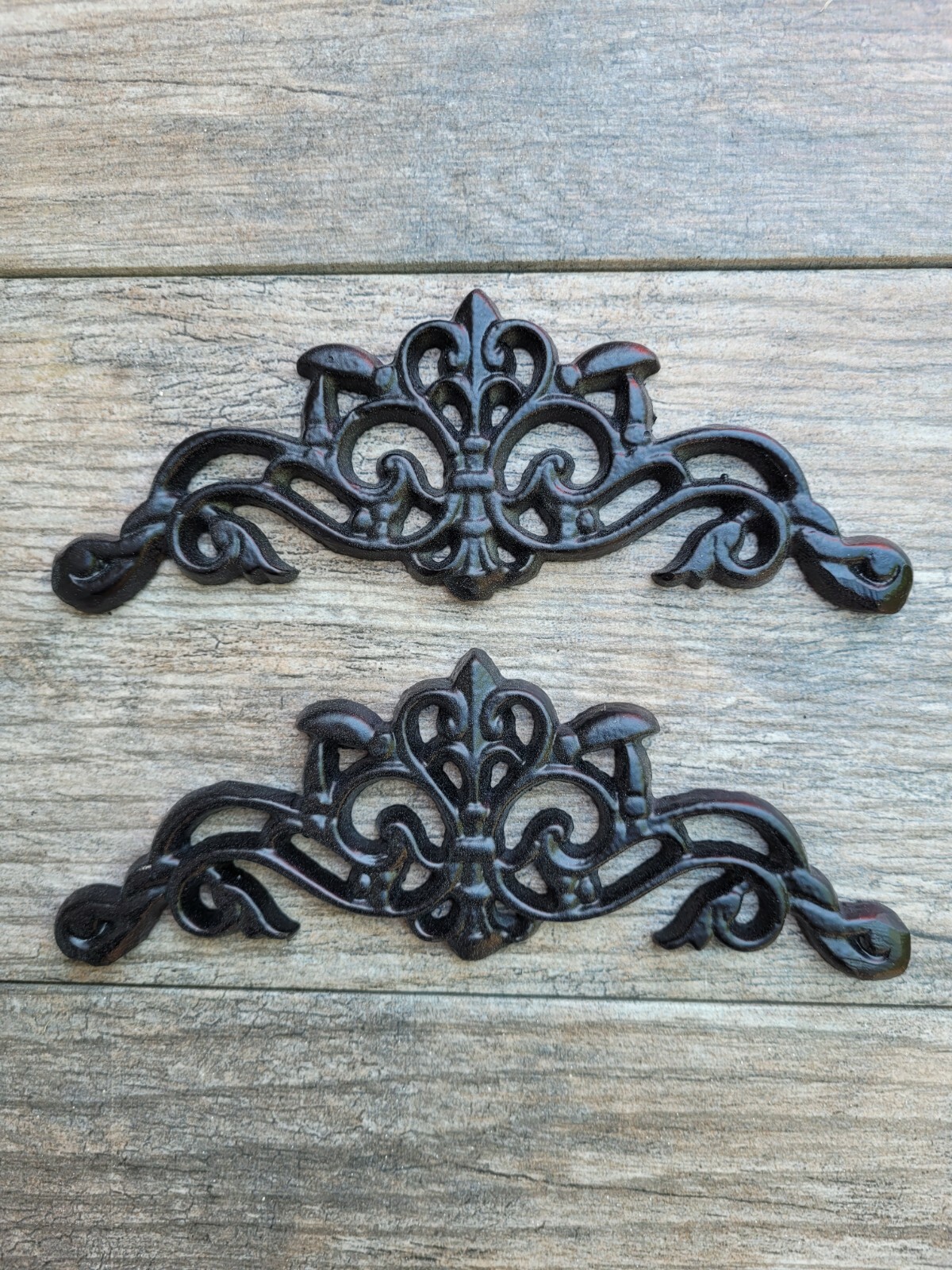 TWO Cast Iron Scroll Toppers, Cabinet Hardware, Wall Plaques, drawer decor royal