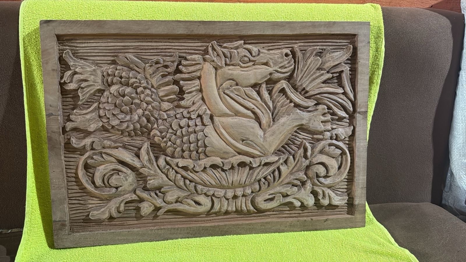Carved Wood Floral Rectangle Wall Plaque Set of 2, Brown Horizontal Relief