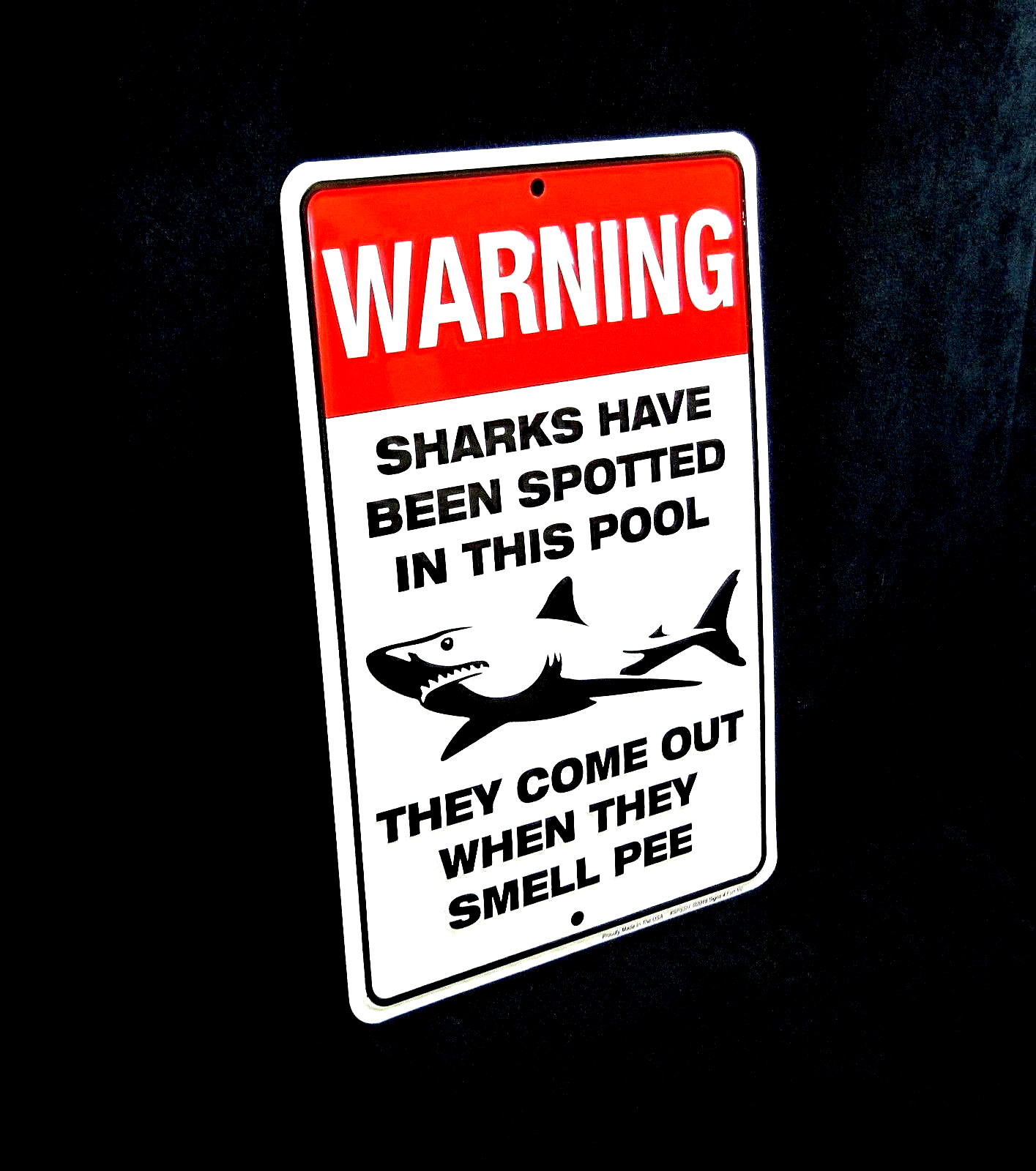 SHARKS Spotted in Pool -*US MADE* Embossed Metal Sign -Man Cave Garage Bar Decor