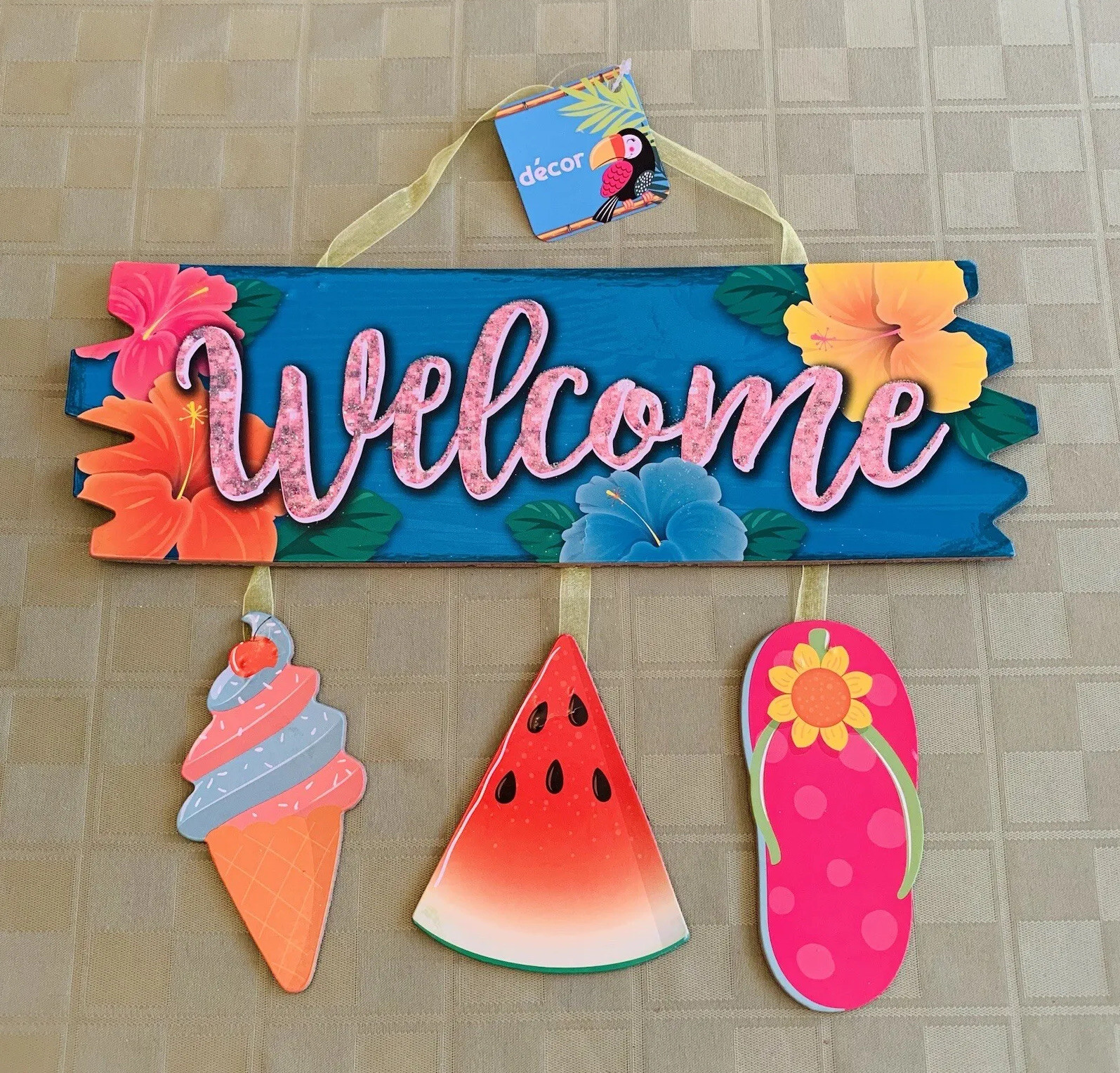 WELCOME Summer Sign Ice Cream Cone Watermelon Sandal Decor Glitter Wall Door NEW