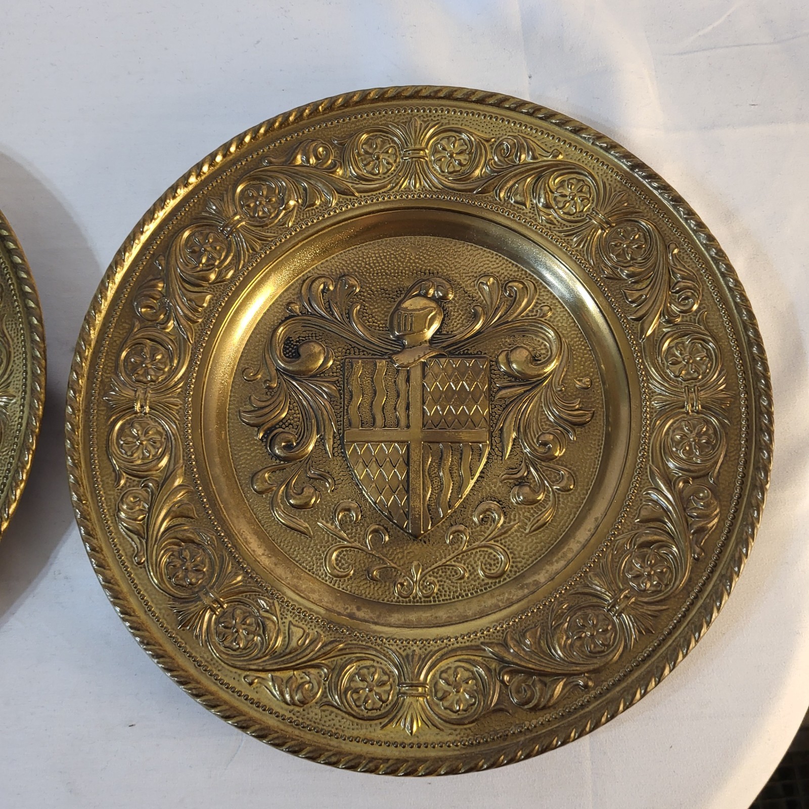 Vintage 12″ Pair of Embossed Brass Coat Of Arms Wall Plates Made in England