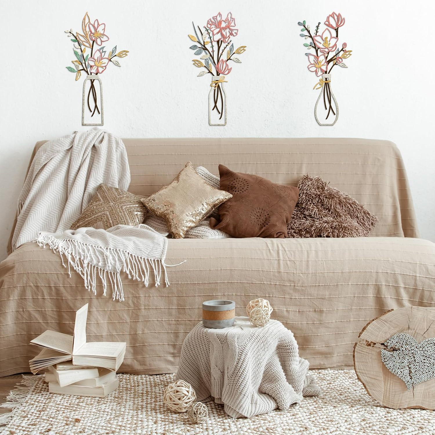 3 Pieces Metal Flowers Wall Arts – Pink and Beige Rustic Farmhouse Decor Minimal