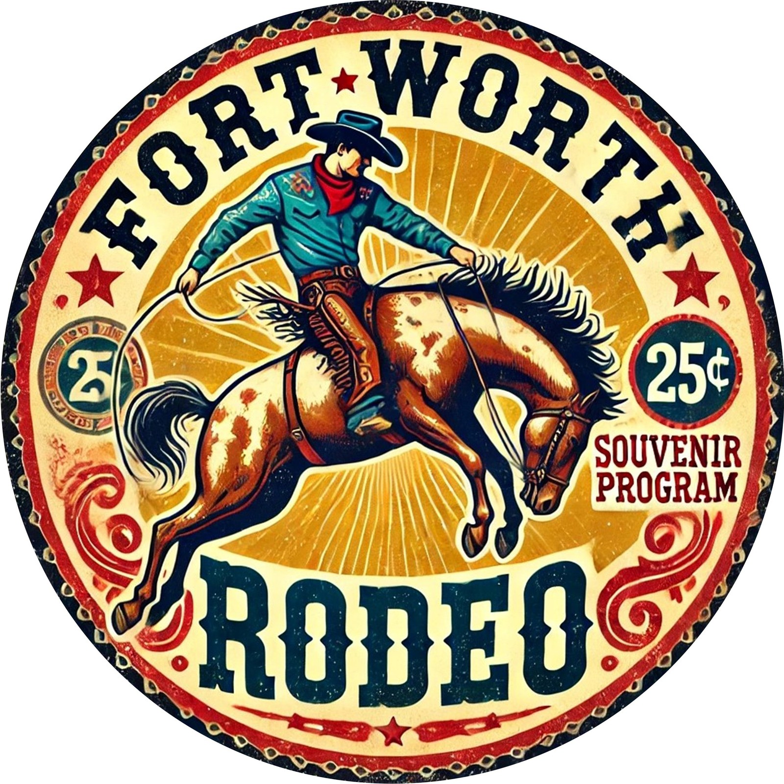 1pc, 8×8 inches Round Tin Metal Signs, “Fort Worth Rodeo” Aluminum Wall Art, Dur