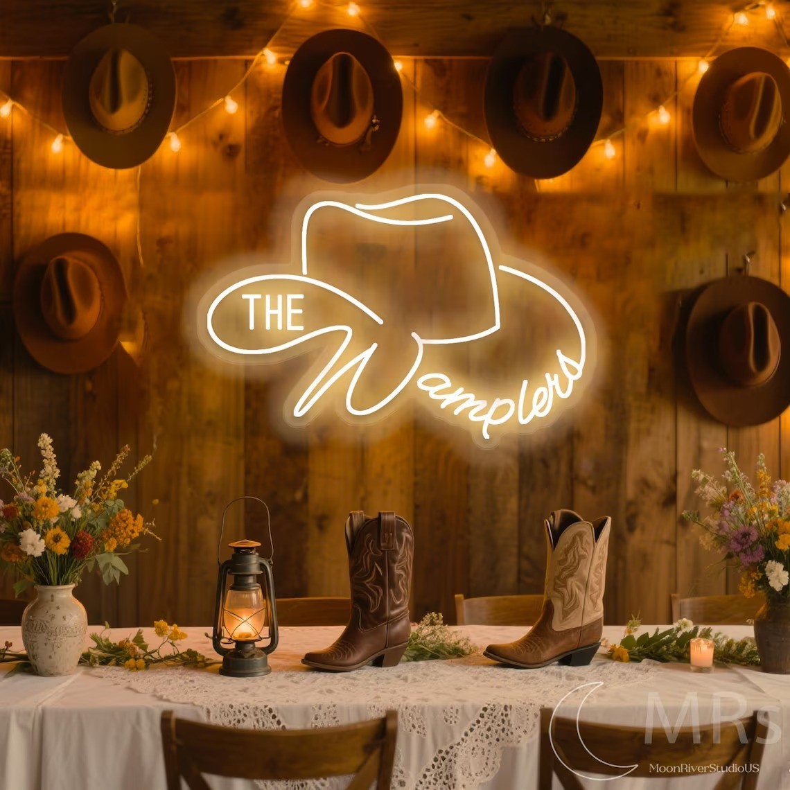 Custom Cowboy Hat Neon Sign Personalized Western Cowboy Wedding Party Art Deco