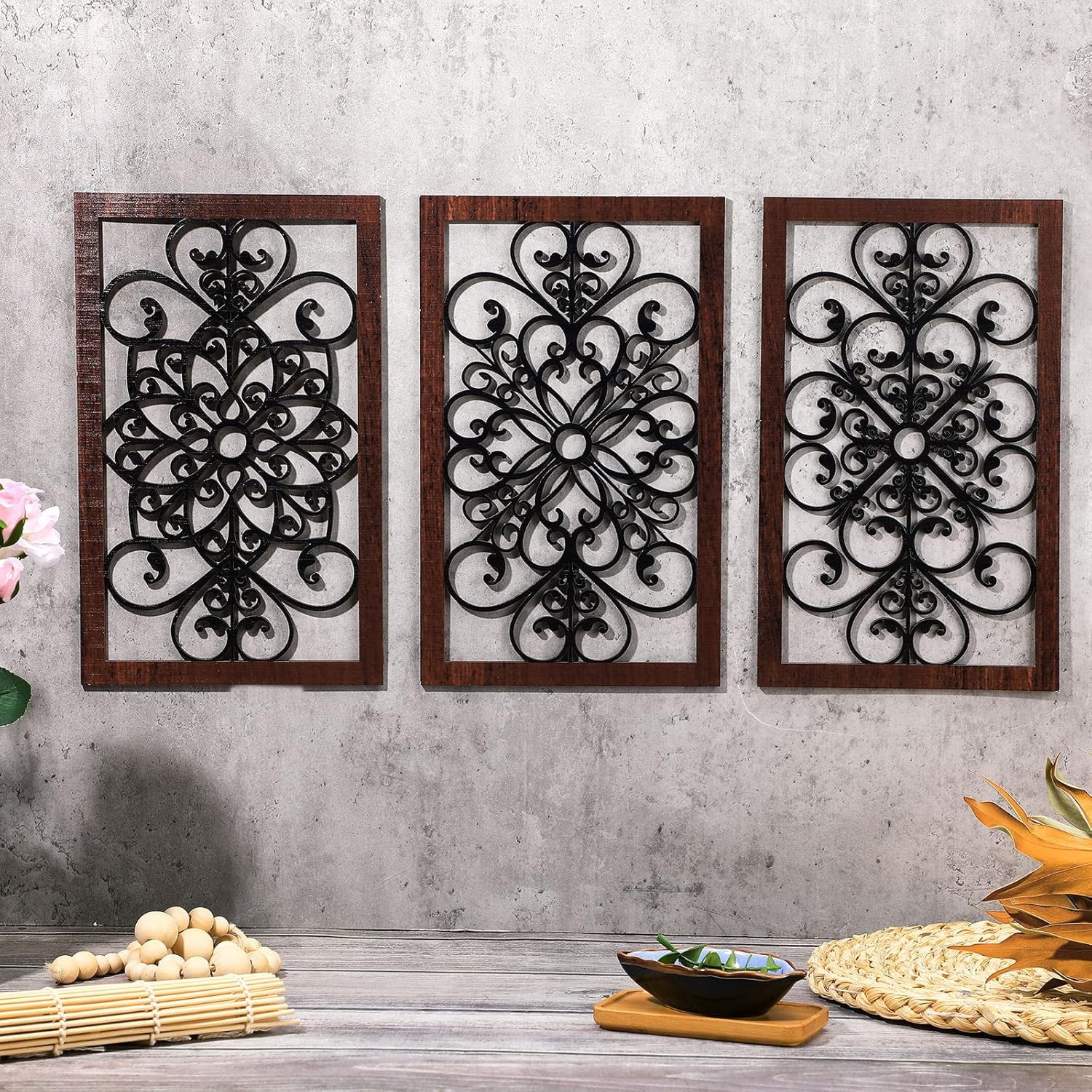 4 Pieces Thicken Rustic Wall Decor Modern Farmhouse Wooden Hollow Carved Design