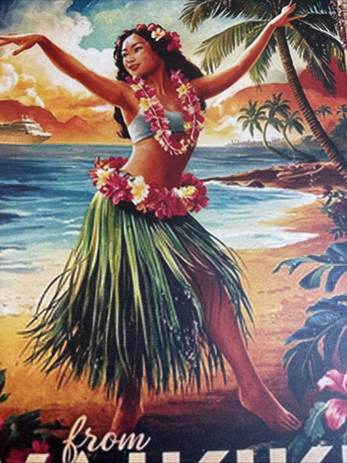 ALOHA From Waikiki Metal Tin Sign 12″ x 8″ Vintage Style Tiki Bar Hula Girl New