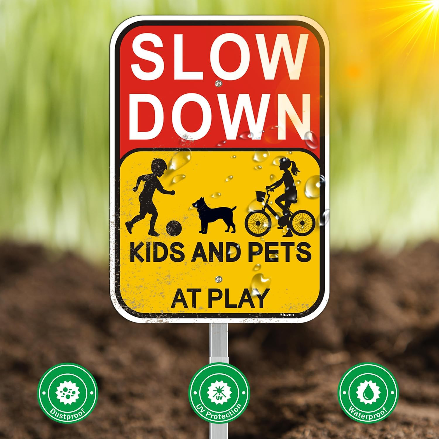 Slow Down Kids Pets At Play Sign w Stake Aluminum Safety Yard Sign 2 Pack 14×10