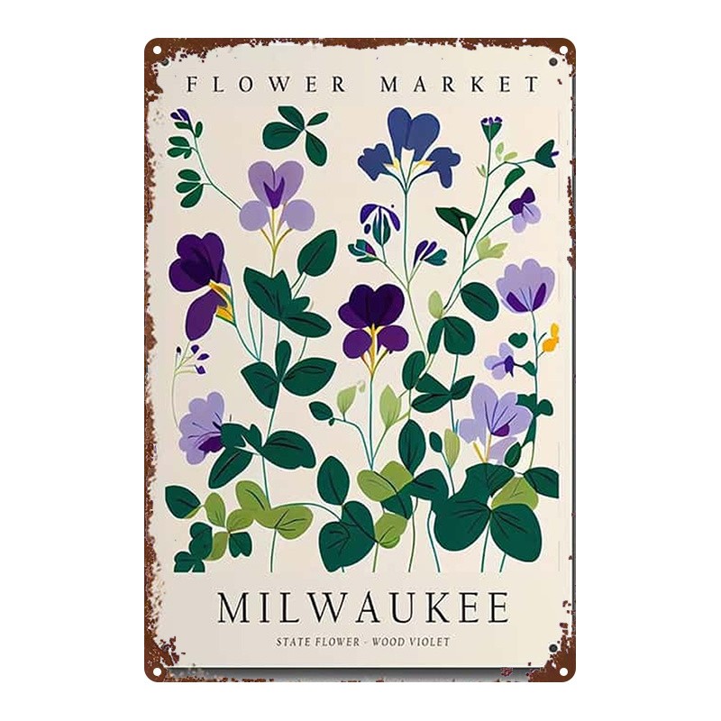 Milwaukee Flower Market Wood Violet Vintage Metal Sign for Floral Wall Decor